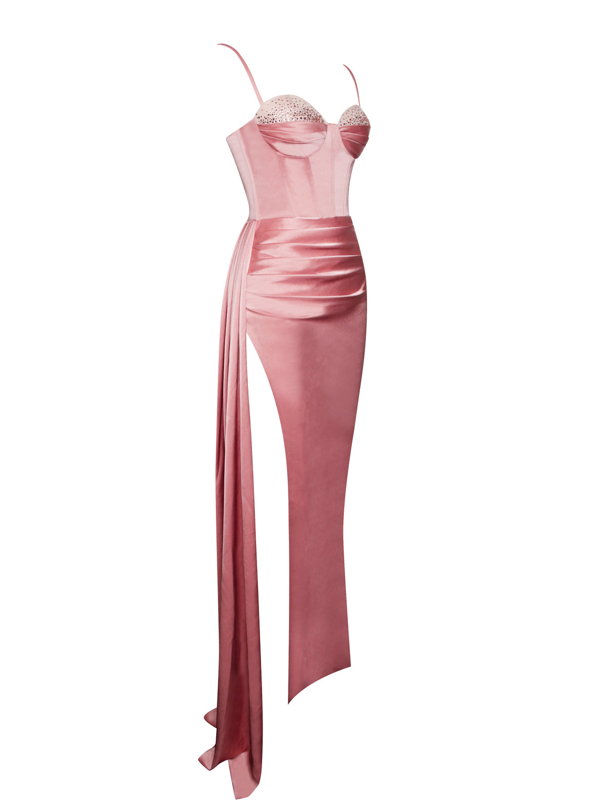 Vanity Blush Pink Satin High Slit Draping Corset Gown With Crystals (Archive Sale)