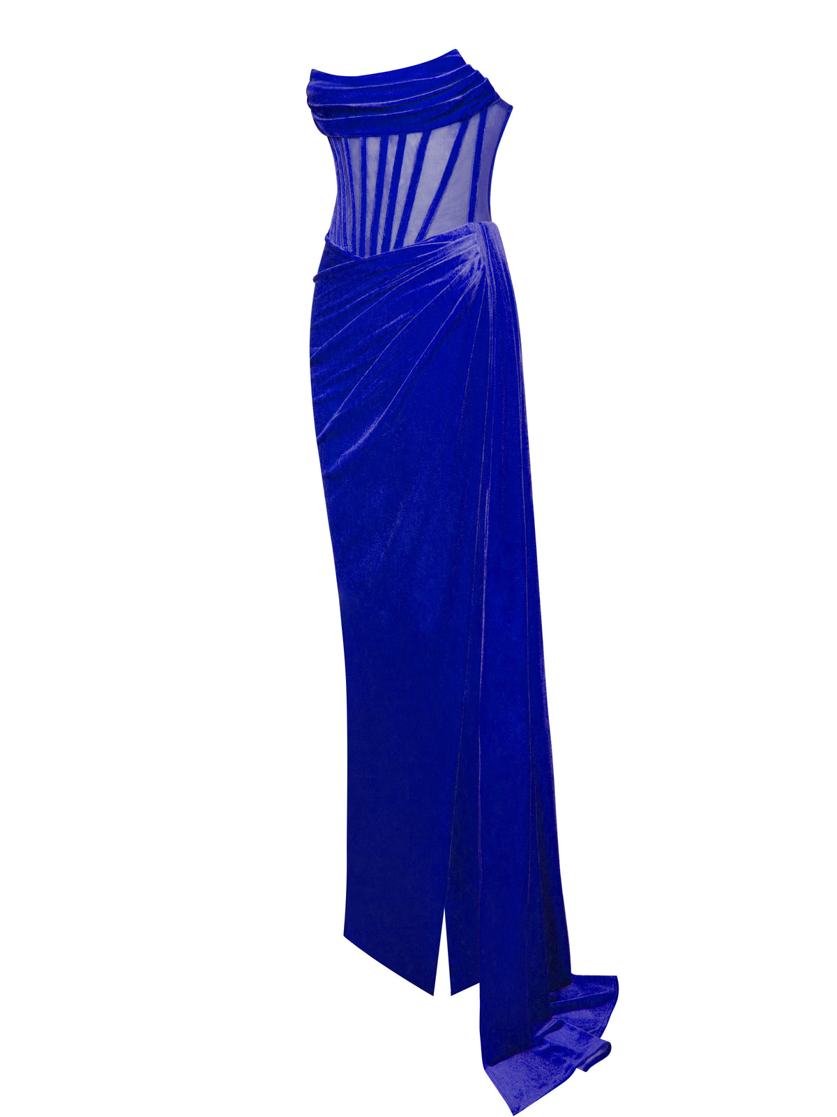 Priya Royal Blue Draping Corset High Slit Velvet Gown (Archive Sale)