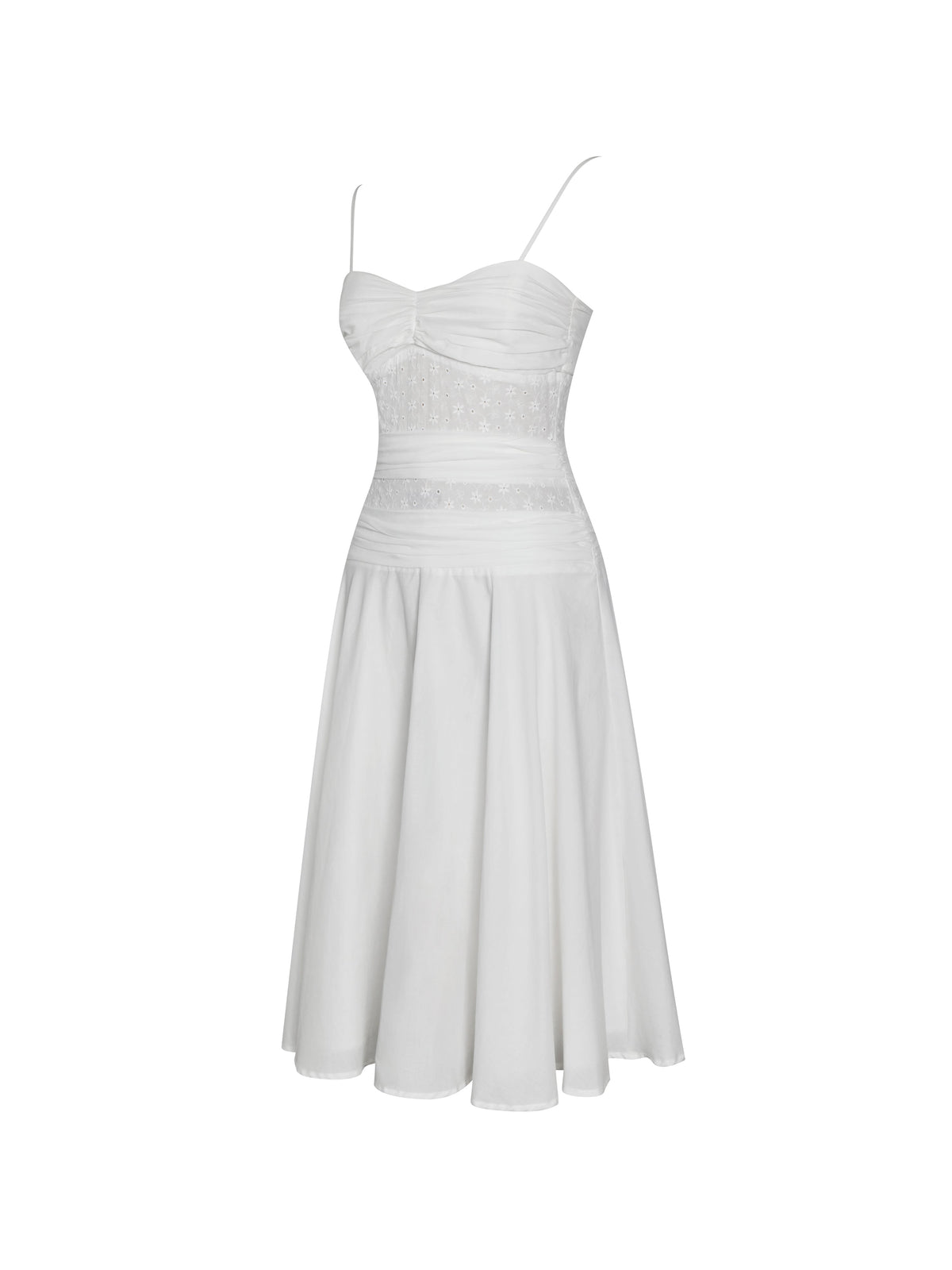 Maelis White Cotton Eyelet Drop Waist Midi Dress