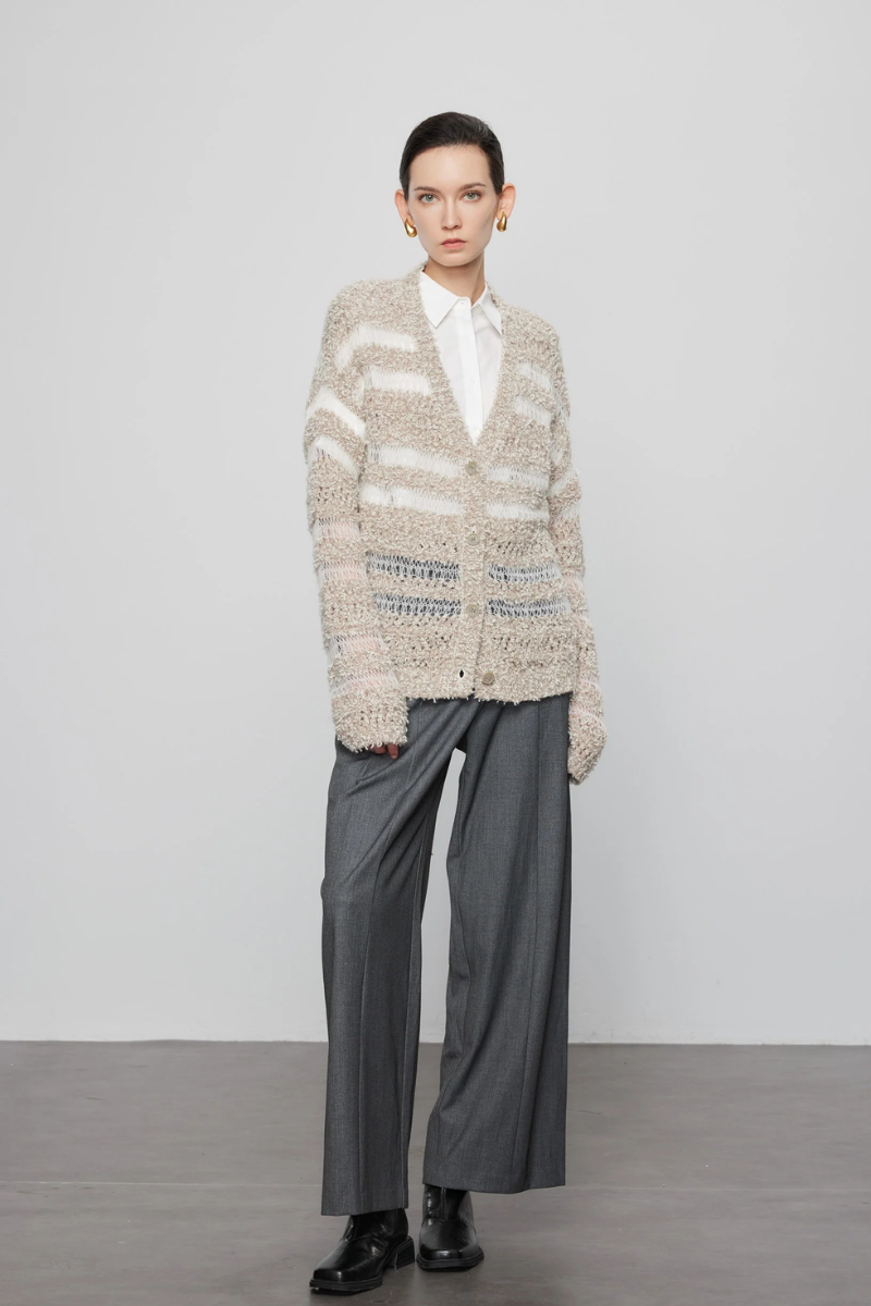 Max Simple Pom Pom Striped Cardigan