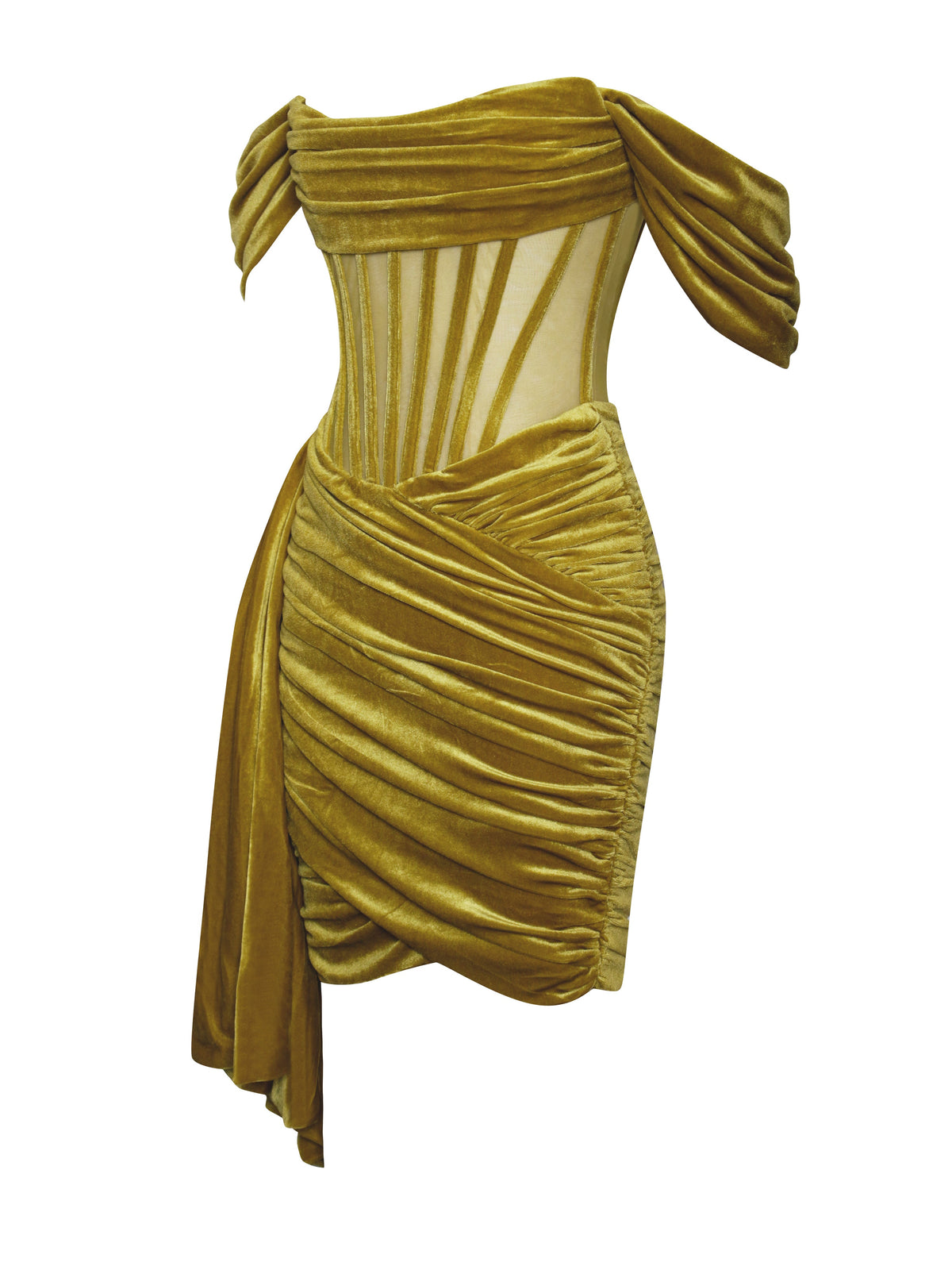 Irisa Gold Draping Off Shoulder Corset Dress (Archive Sale)