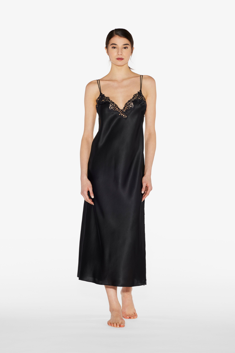 La Perla Petit Macramé Black Silk Long Nightgown With Macramé