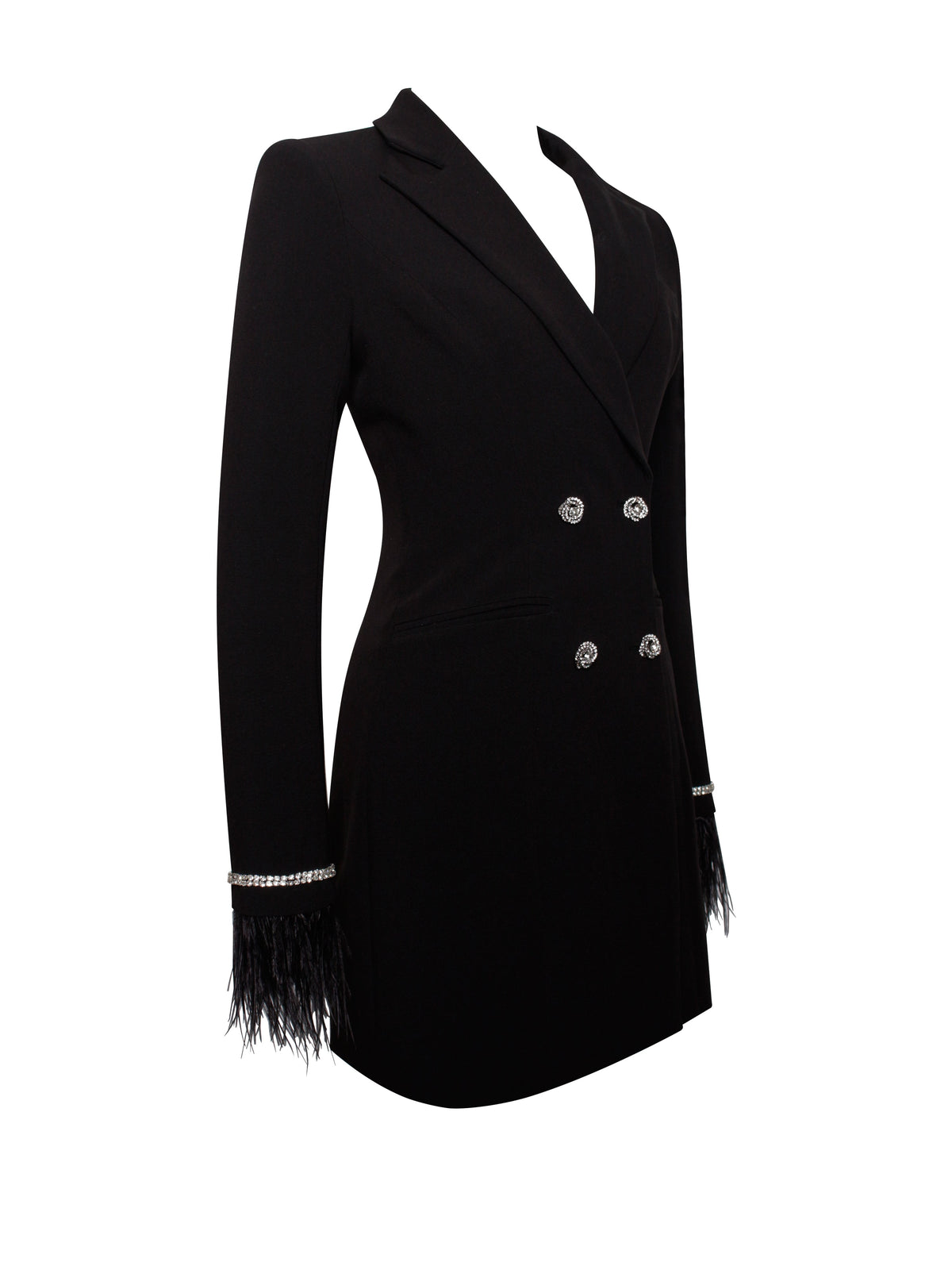 Quilla Black Feather Crystal Sleeve Backless Blazer Dress (Archive Sale)
