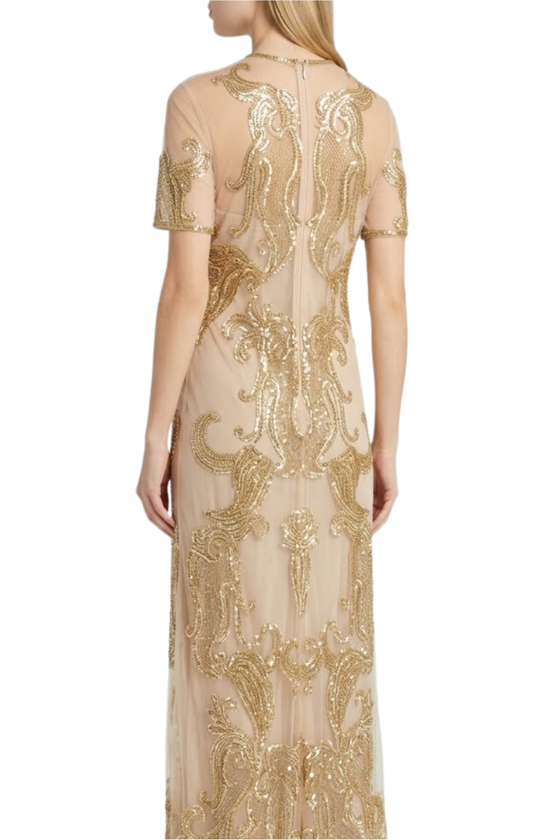 Valentino Baroque Sequin Mesh Maxi Dress Gold 4B0VDHV51ED_G70