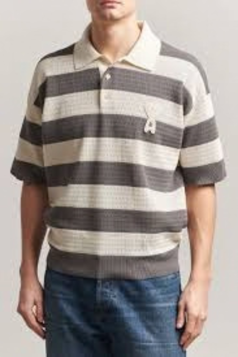 Ami Paris Polo Stripped Cotton Knit Grey
