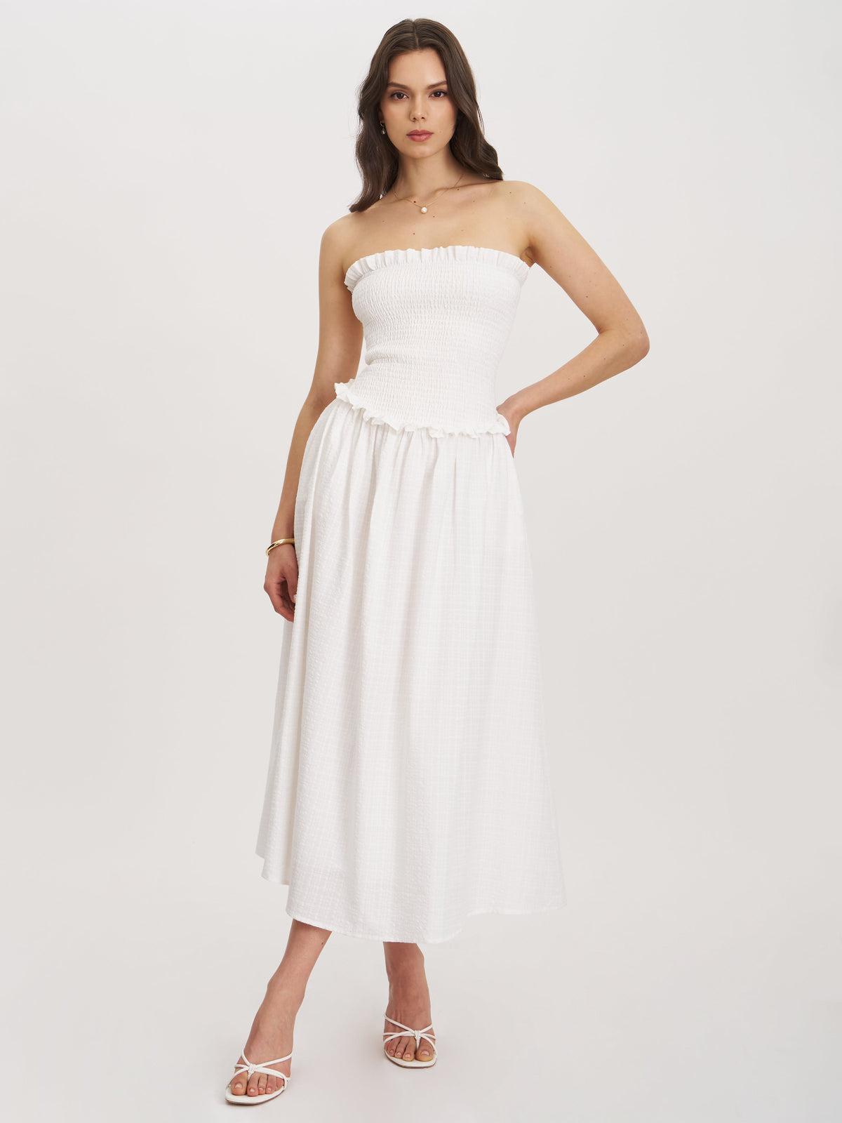 Quadiya White Cotton Seersucker Smocked Strapless Midi Dress