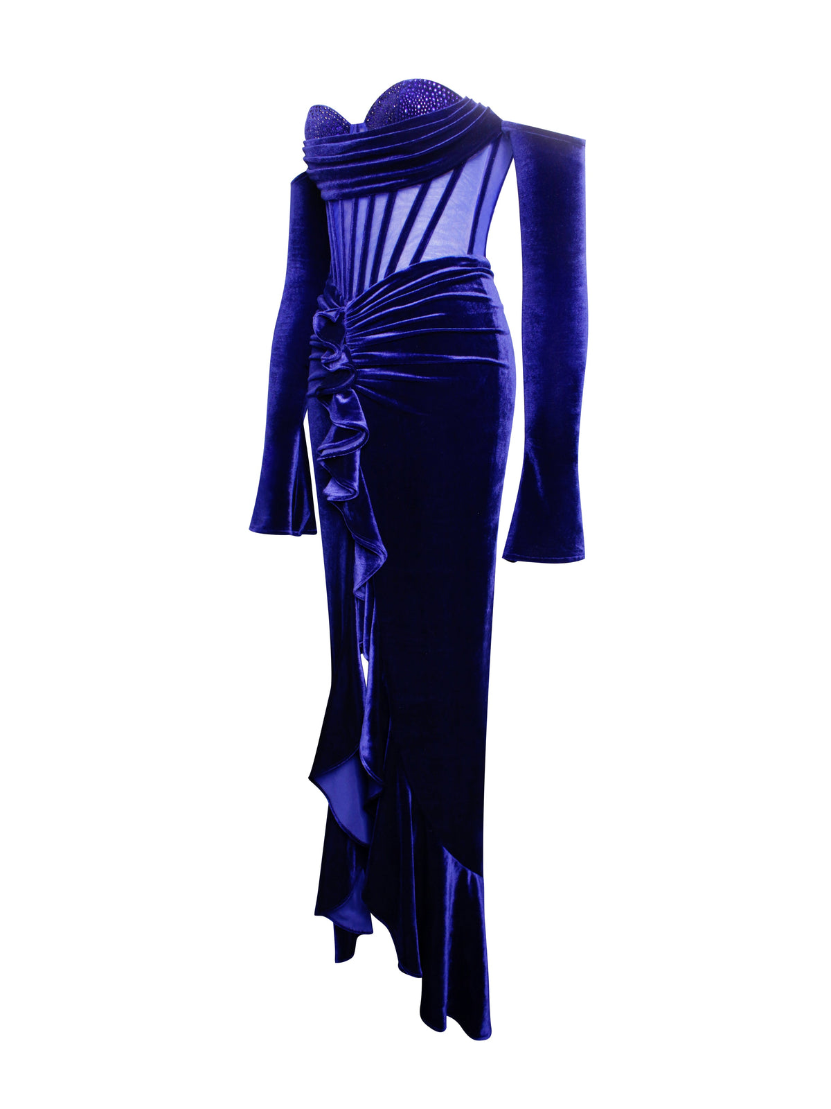 Taylee Navy Long Sleeve Off Shoulder Corset Velvet Gown (Archive Sale)