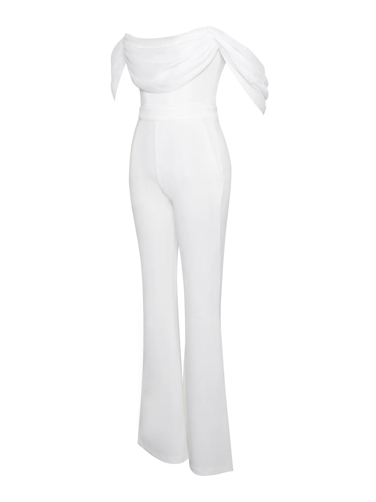 Sherlyn White Off Shoulder Flared Crepe Jumpsuit (Archive Sale)
