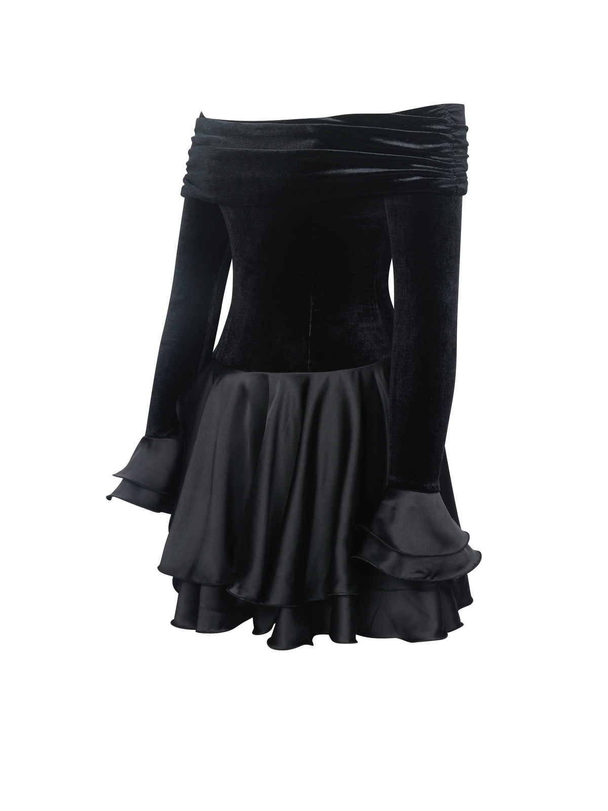 Magnolia Black Off-Shoulder Layered Satin Mini Dress