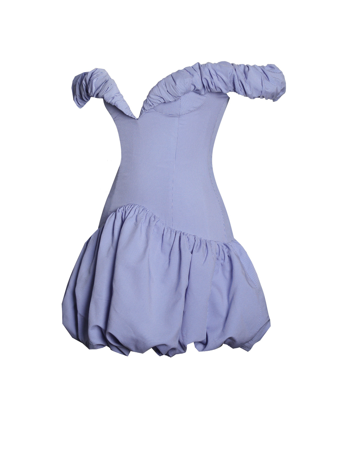 Sablee Checkered Puffy Off Shoulder Trim Bubble Hem Mini Dress (Archive Sale)