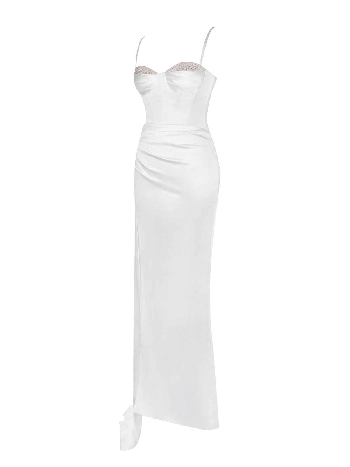 Vanity White Satin High Slit Draping Corset Gown With Crystals (Archive Sale)