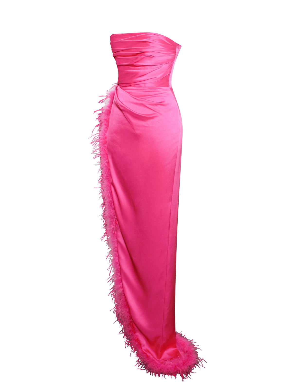 Perrin Fuchsia Pink Feather Dress High Slit Gown (Archive Sale)