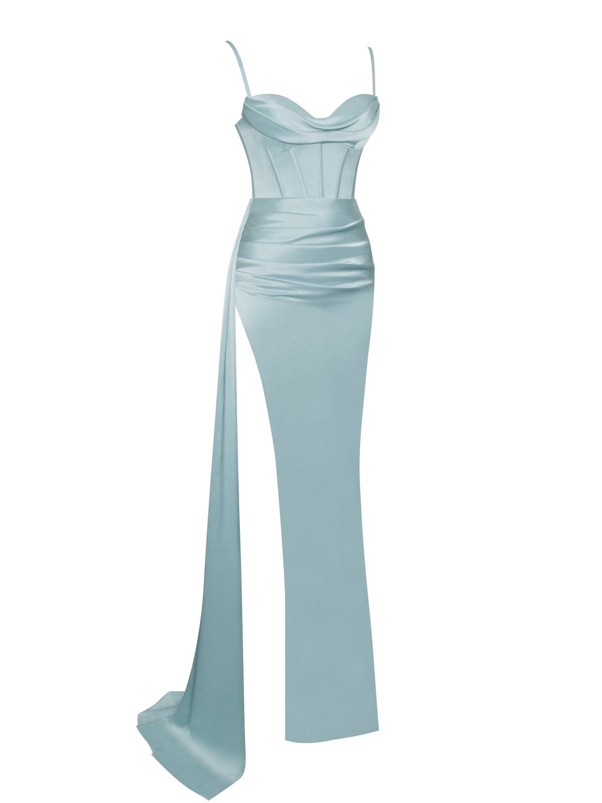 Elayna Pale Blue Strappy Satin Corset High Slit Gown (Archive Sale)