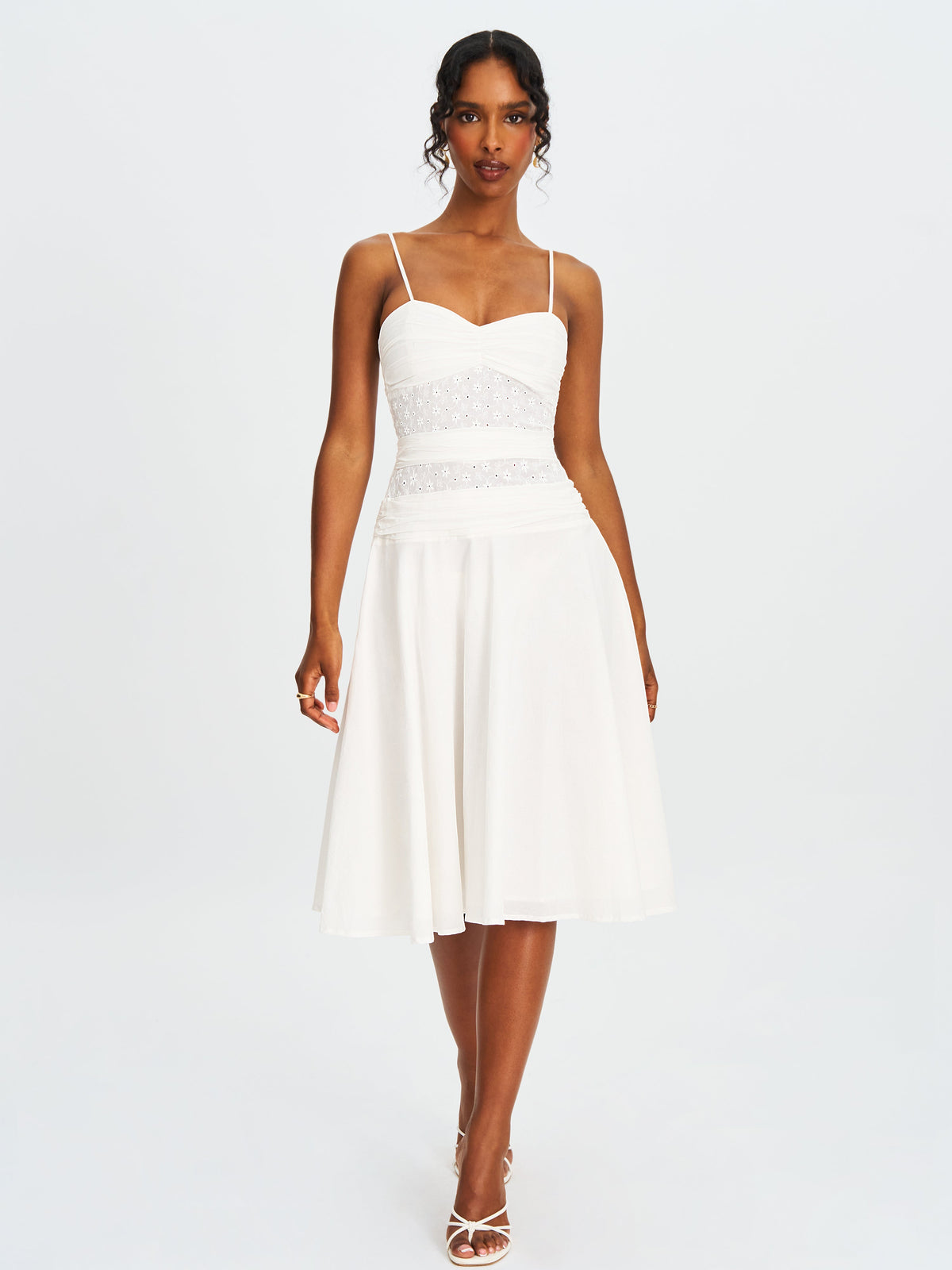 Maelis White Cotton Eyelet Drop Waist Midi Dress
