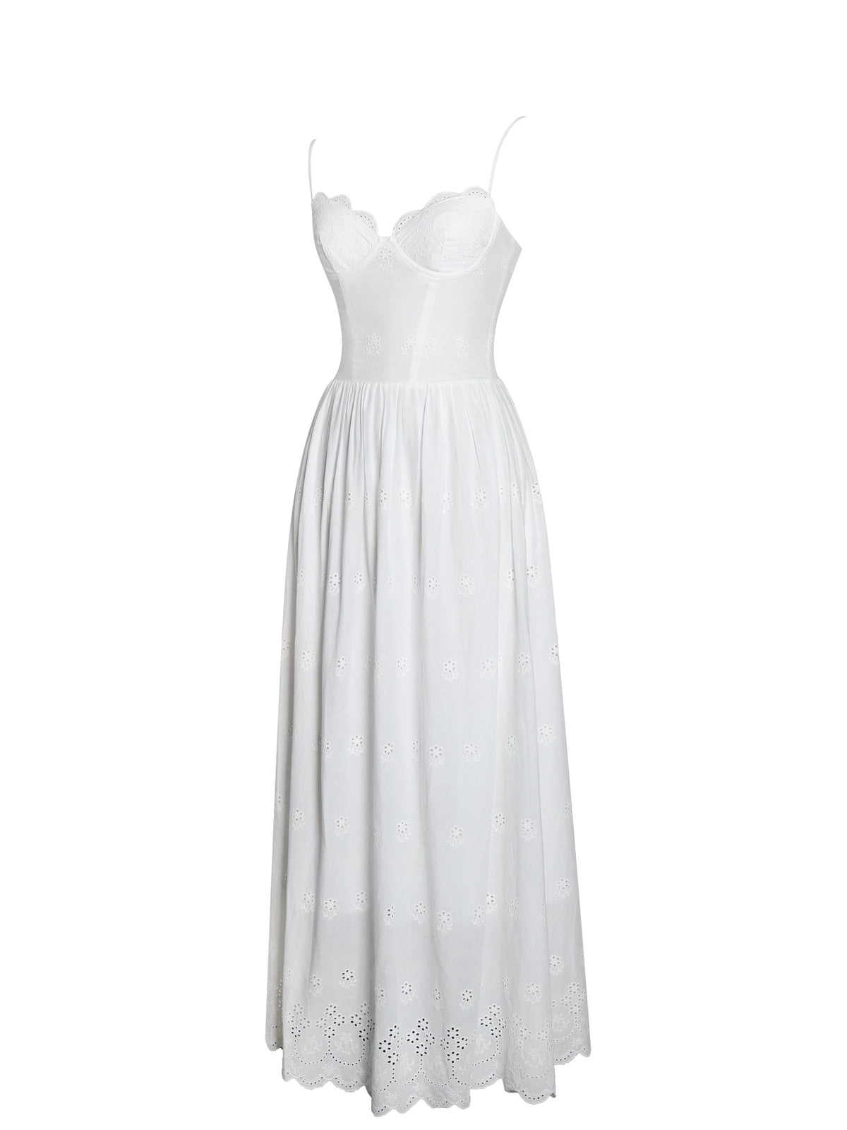 Oberon White Cotton Eyelet Lace-Up Back Maxi Dress