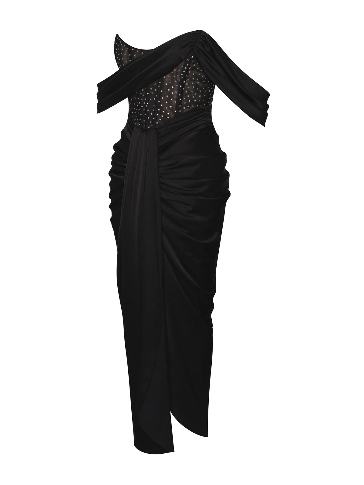 Stella Black Off Shoulder Crystal Corset Satin Gown (Archive Sale)