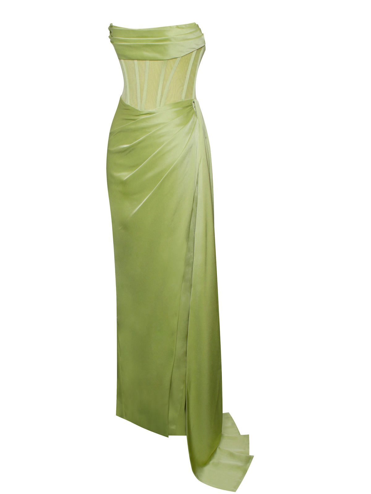 Prisa Lime High Slit Satin Corset Gown (Archive Sale)