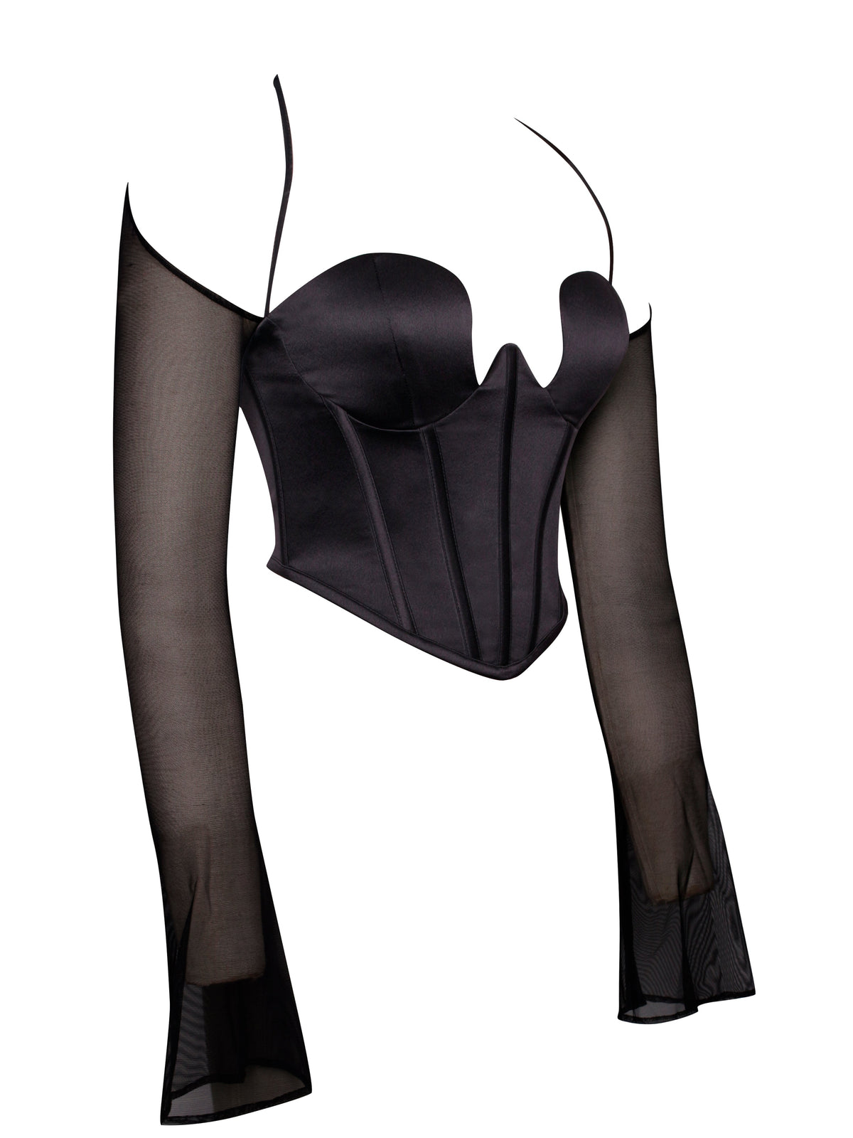 Pixie Black Mesh Sleeve Halter Corset Satin Top (Archive Sale)