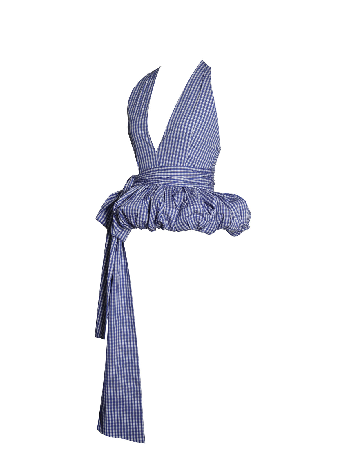 Ilene Blue Gingham Cotton Bubble Hem Halter Top