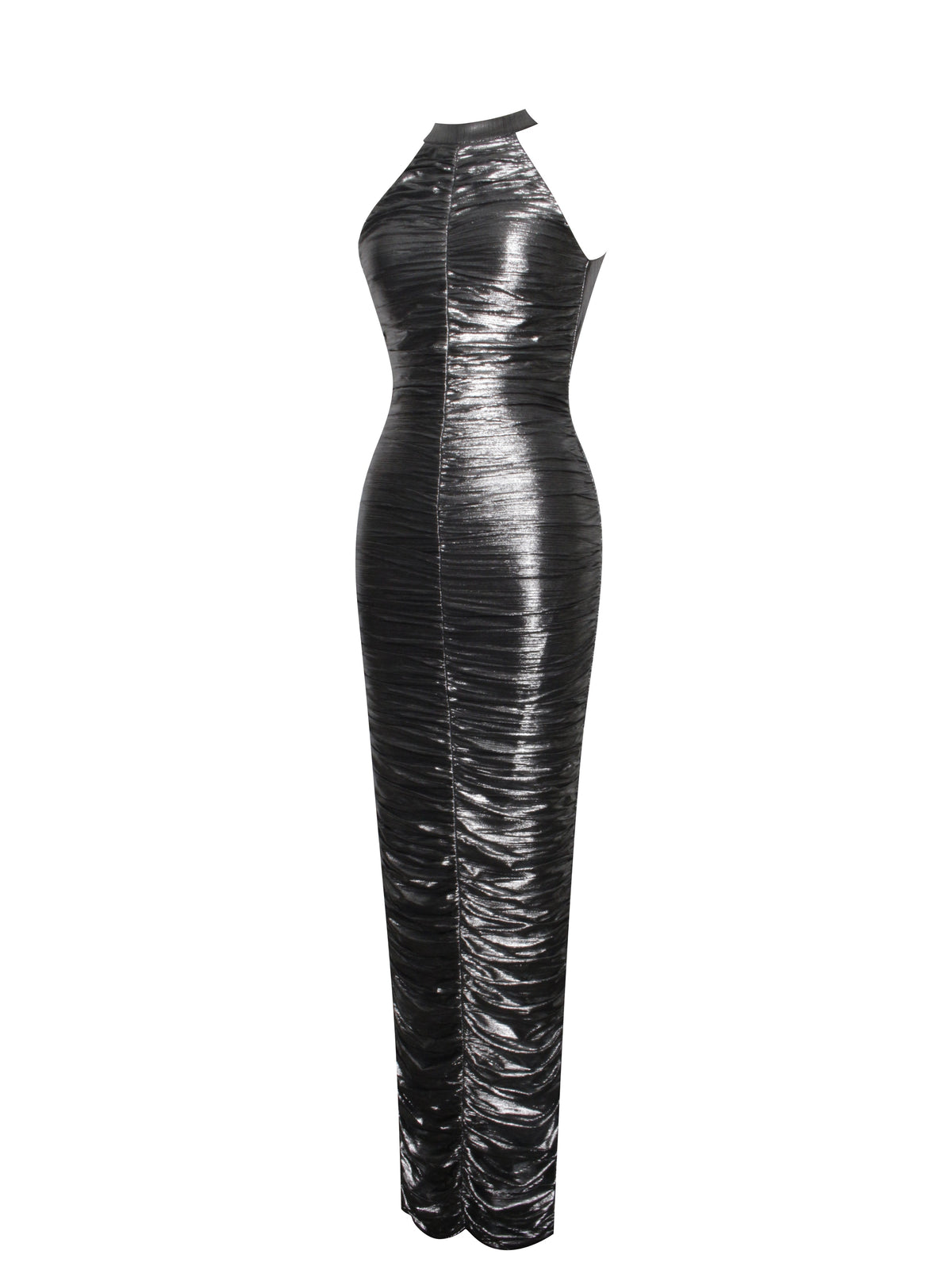 Abril Ruched Silver Glitter Backless Gown