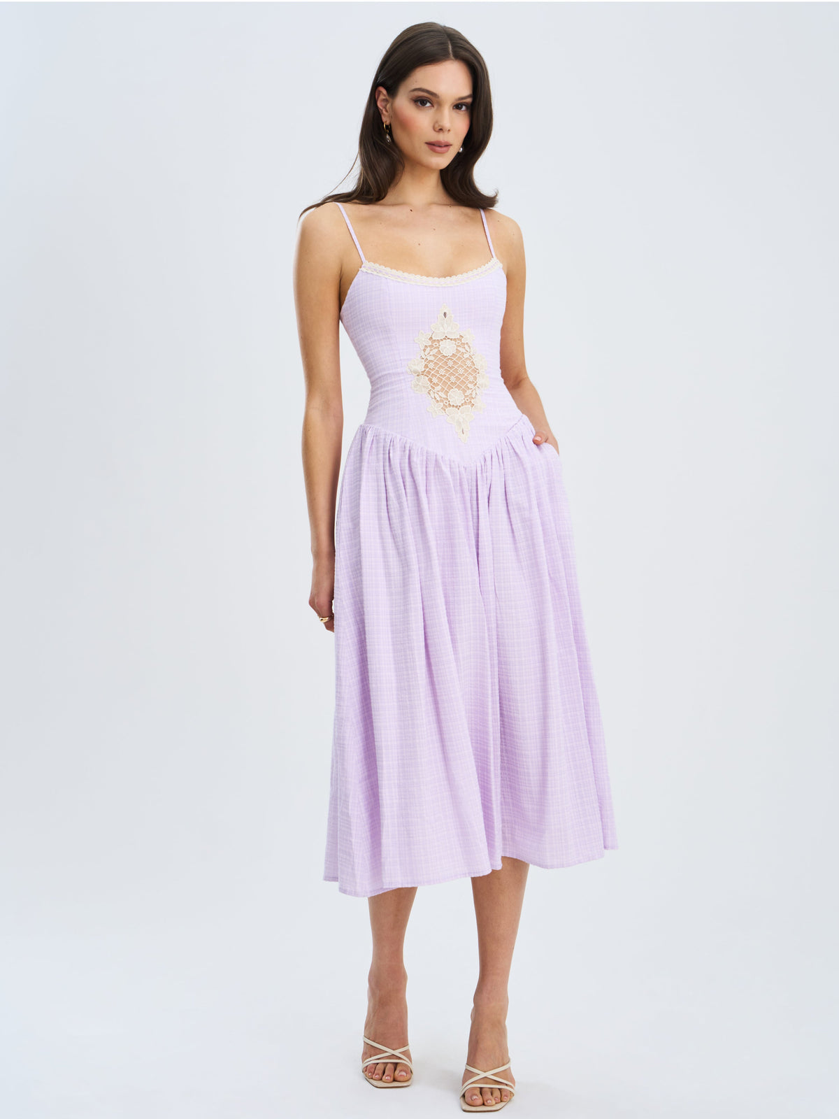 Jaclyn Lavender Lace Trim Cutout Seersucker Midi Dress (Archive Sale)