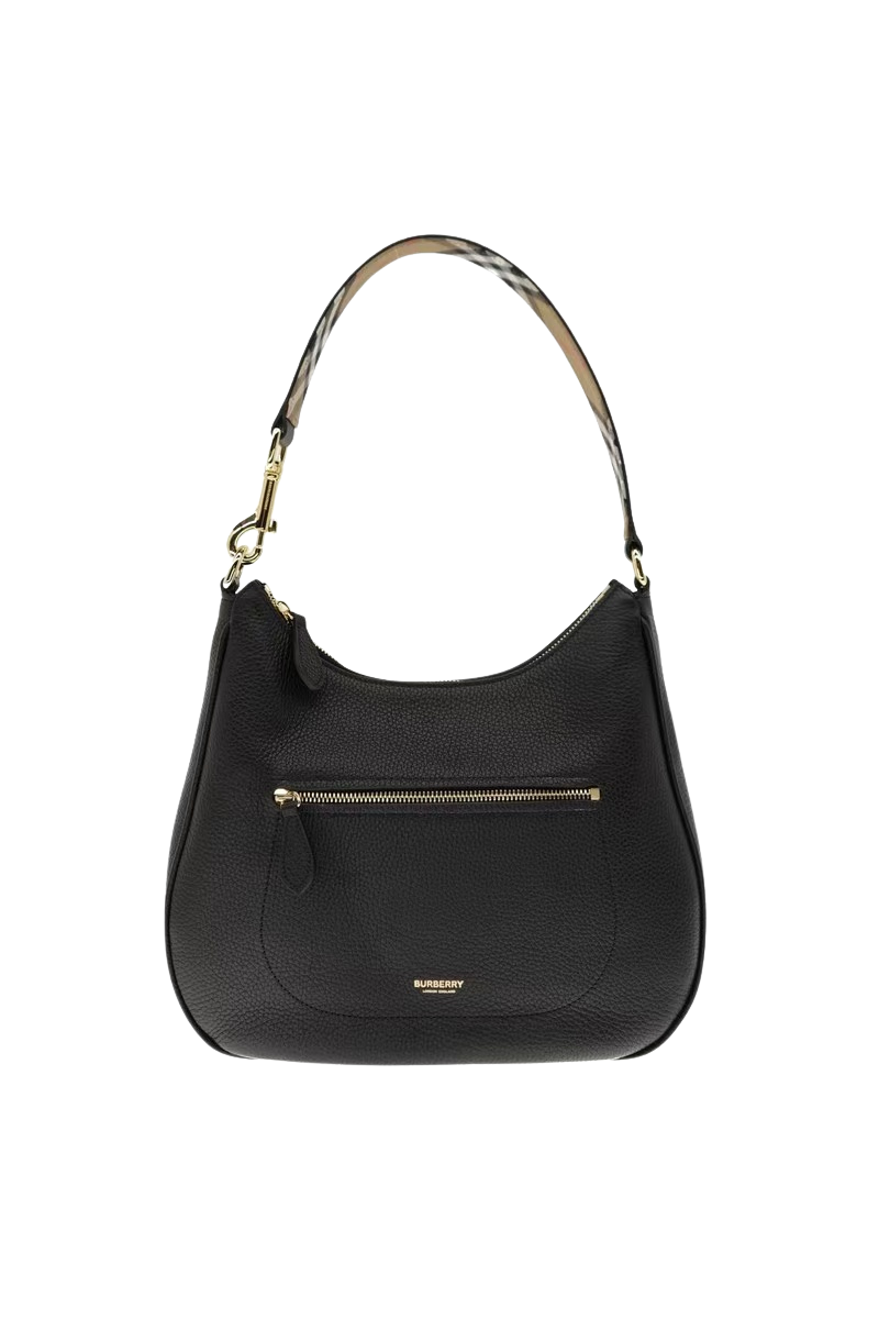 Burberry Hobo Shoulder Bag Check Strap Black Leather