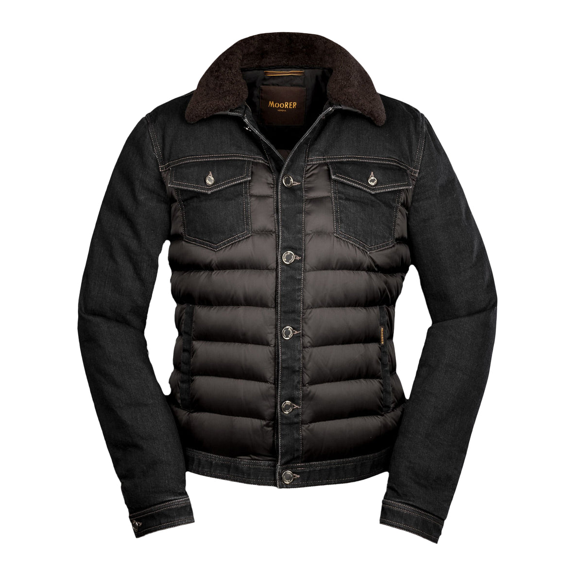 MOORER MEN'S BLACK DENIM PUFFER JACKET