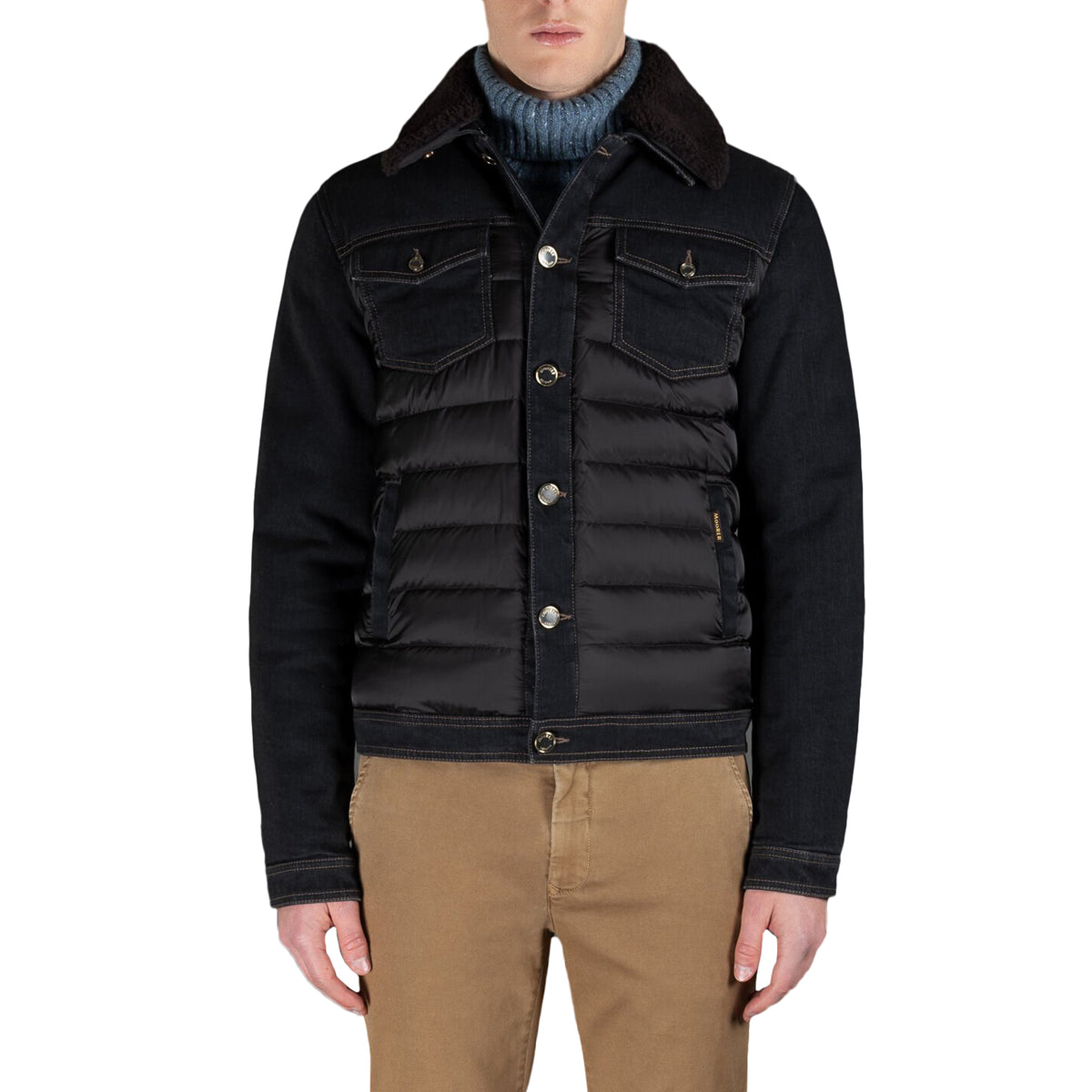 MOORER MEN'S BLACK DENIM PUFFER JACKET
