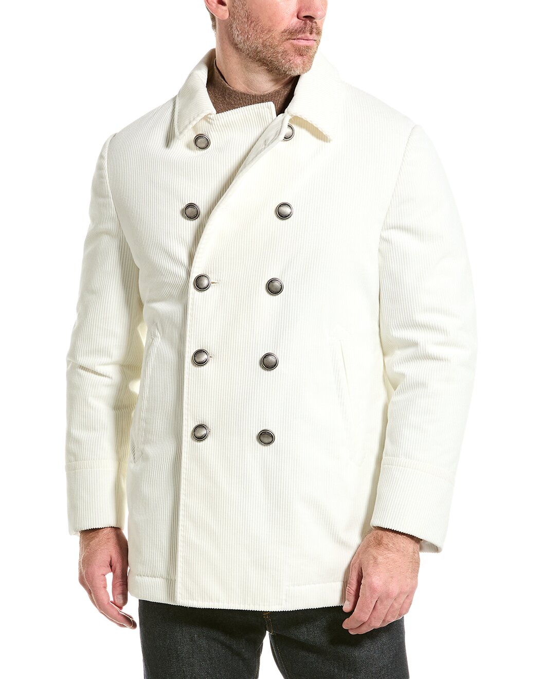 BRUNELLO CUCINELLI MEN'S WHITE CORDUROY DOUBLE-BREASTED PEA COAT