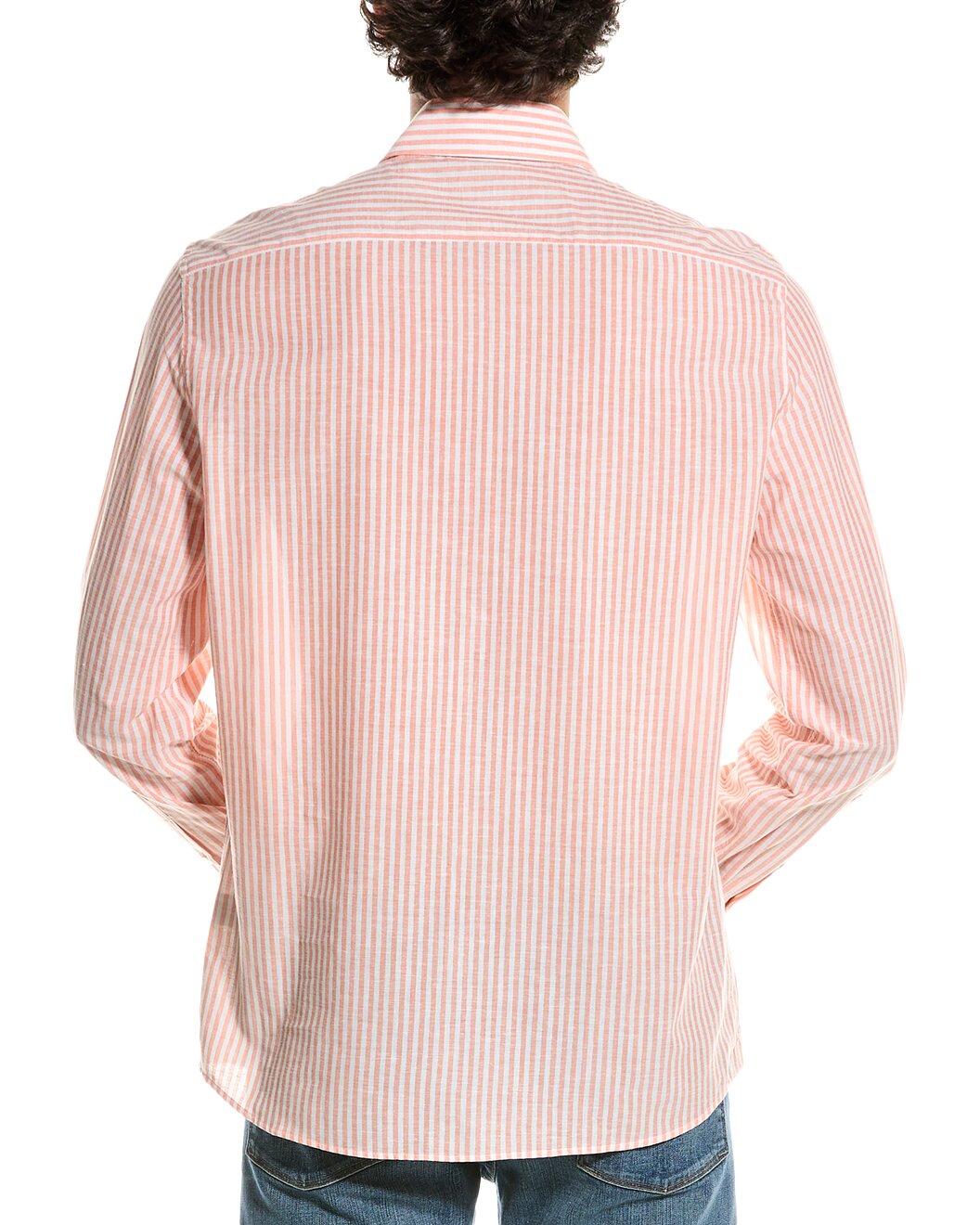BRUNELLO CUCINELLI MEN'S ORANGE WHITE STRIPED BUTTON-UP SHIRT