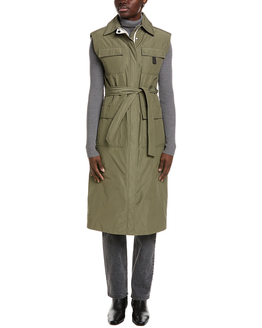 BRUNELLO CUCINELLI WOMEN'S OLIVE SLEEVELESS BELTED LONG VEST