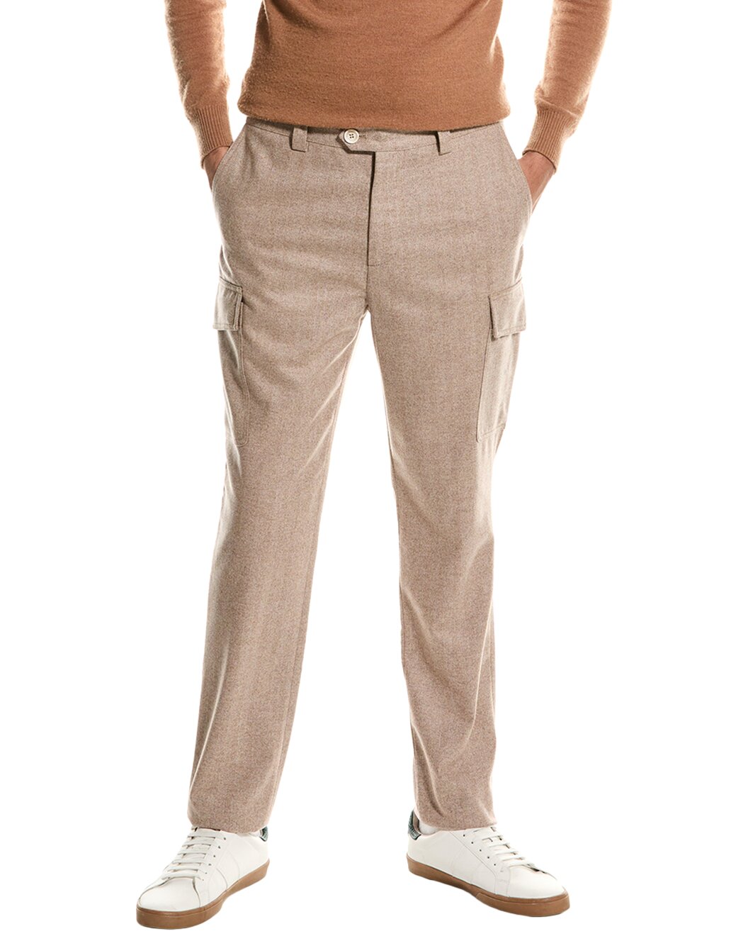 BRUNELLO CUCINELLI MEN'S LIGHT BROWN WOOL CARGO TROUSERS