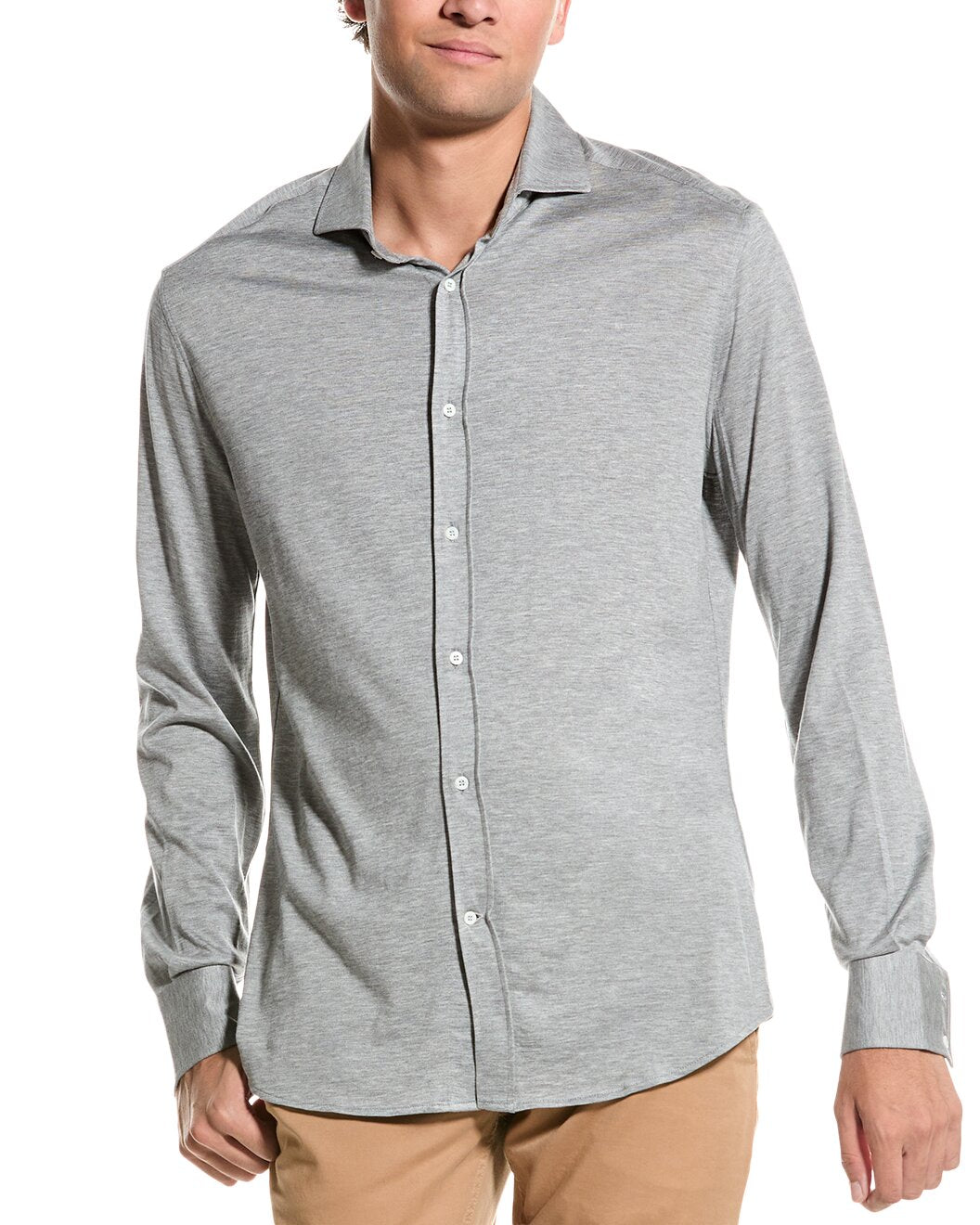 BRUNELLO CUCINELLI MEN'S LIGHT GREY SILK BLEND SHIRT
