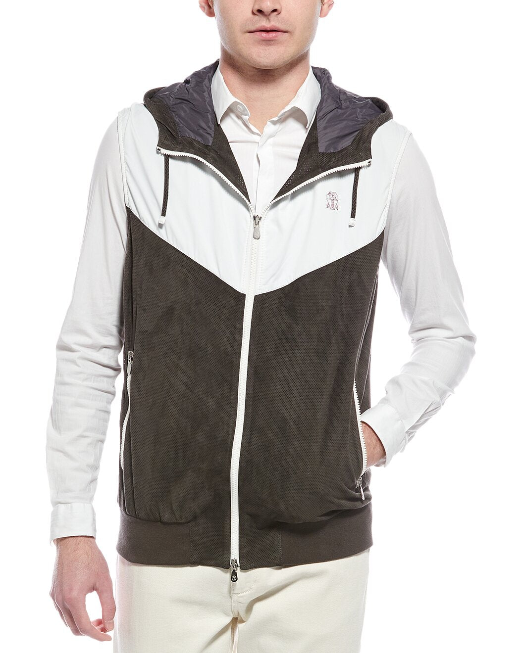 BRUNELLO CUCINELLI MEN'S TWO TONE ATHLETIC SUEDE HOODIE VEST/JACKET