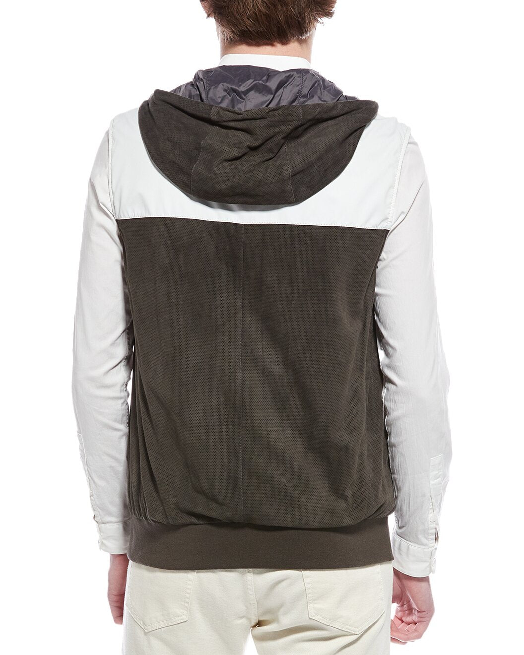BRUNELLO CUCINELLI MEN'S TWO TONE ATHLETIC SUEDE HOODIE VEST/JACKET
