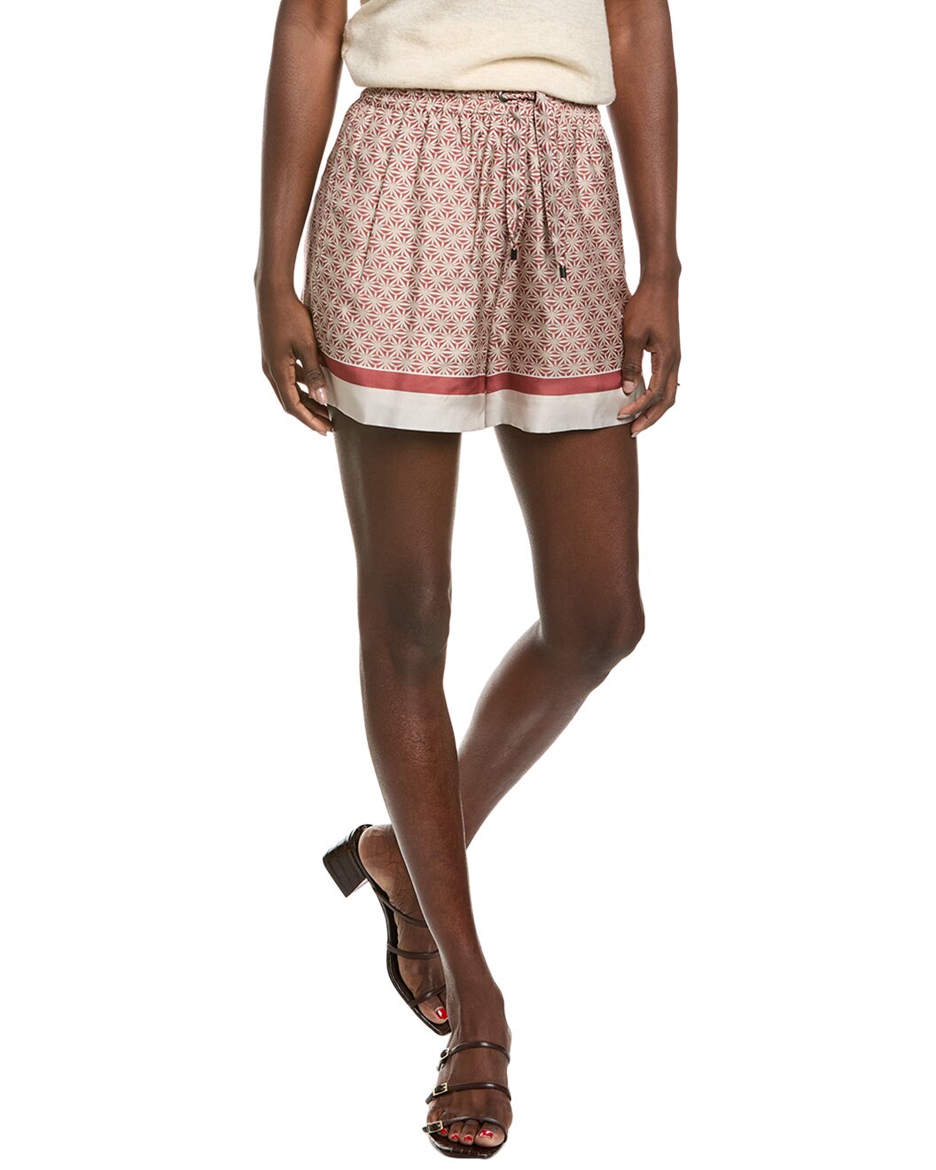 BRUNELLO CUCINELLI WOMEN'S RED BEIGE SILK PATTERNED SHORTS