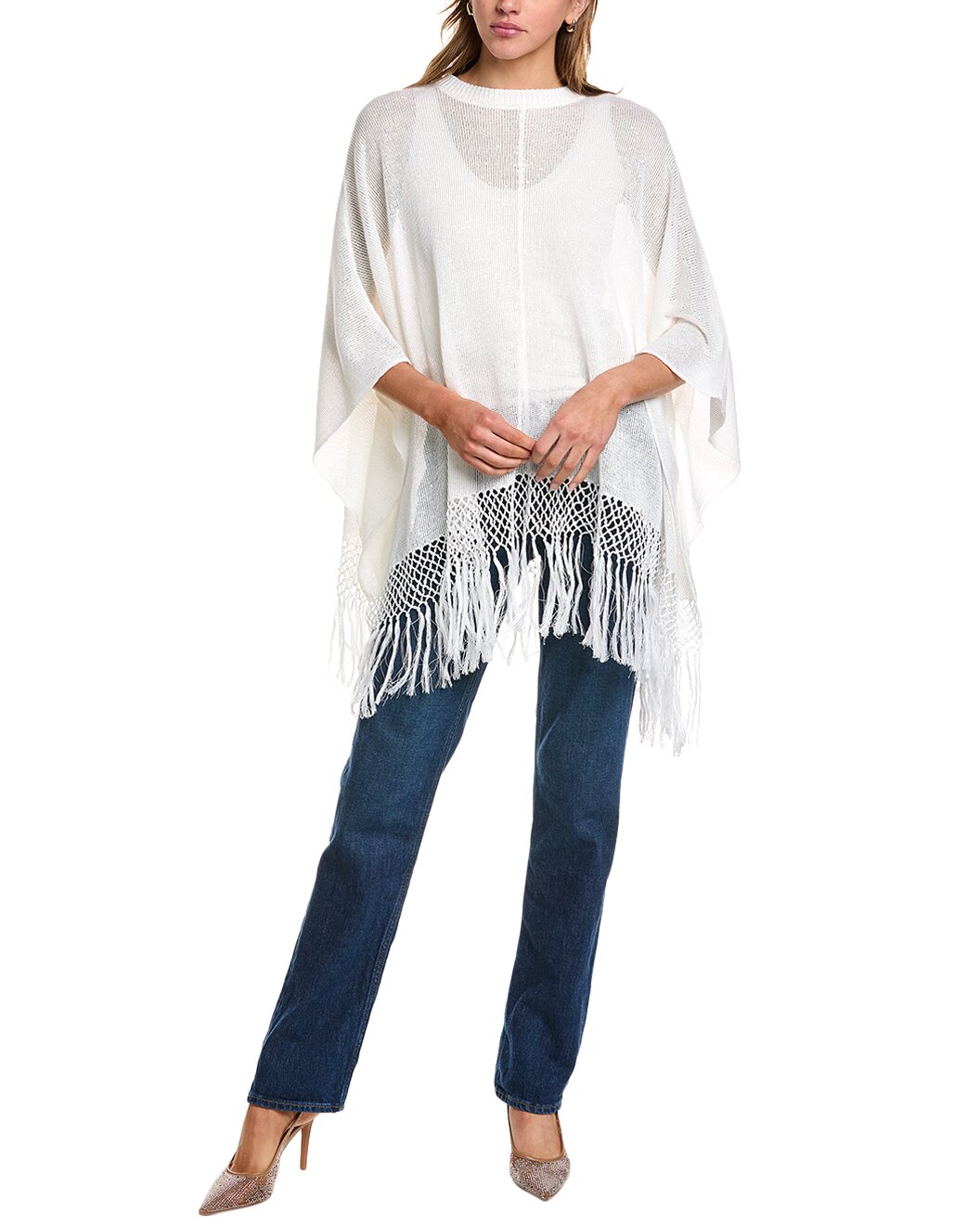 BRUNELLO CUCINELLI WOMEN'S WHITE FRINGED KNIT PONCHO