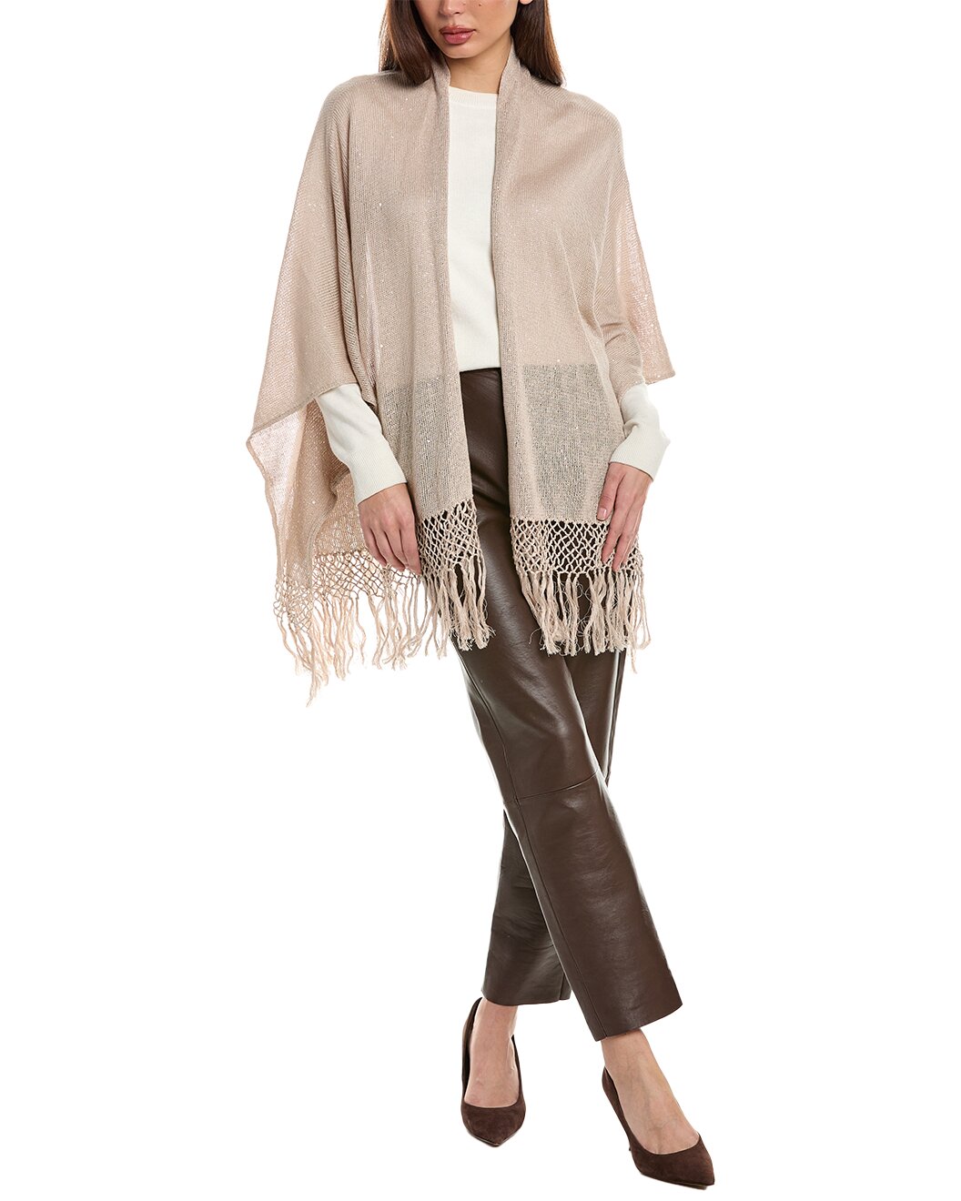 BRUNELLO CUCINELLI WOMEN'S BEIGE SHAWL WITH FRINGE DETAILING