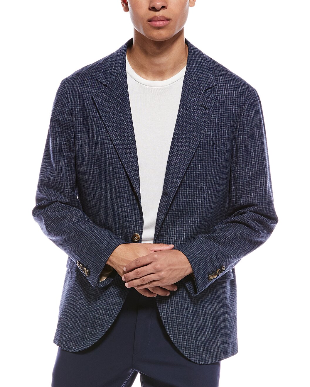 BRUNELLO CUCINELLI MEN'S BLUE CHECKERED DECONSTRUCTED BLAZER