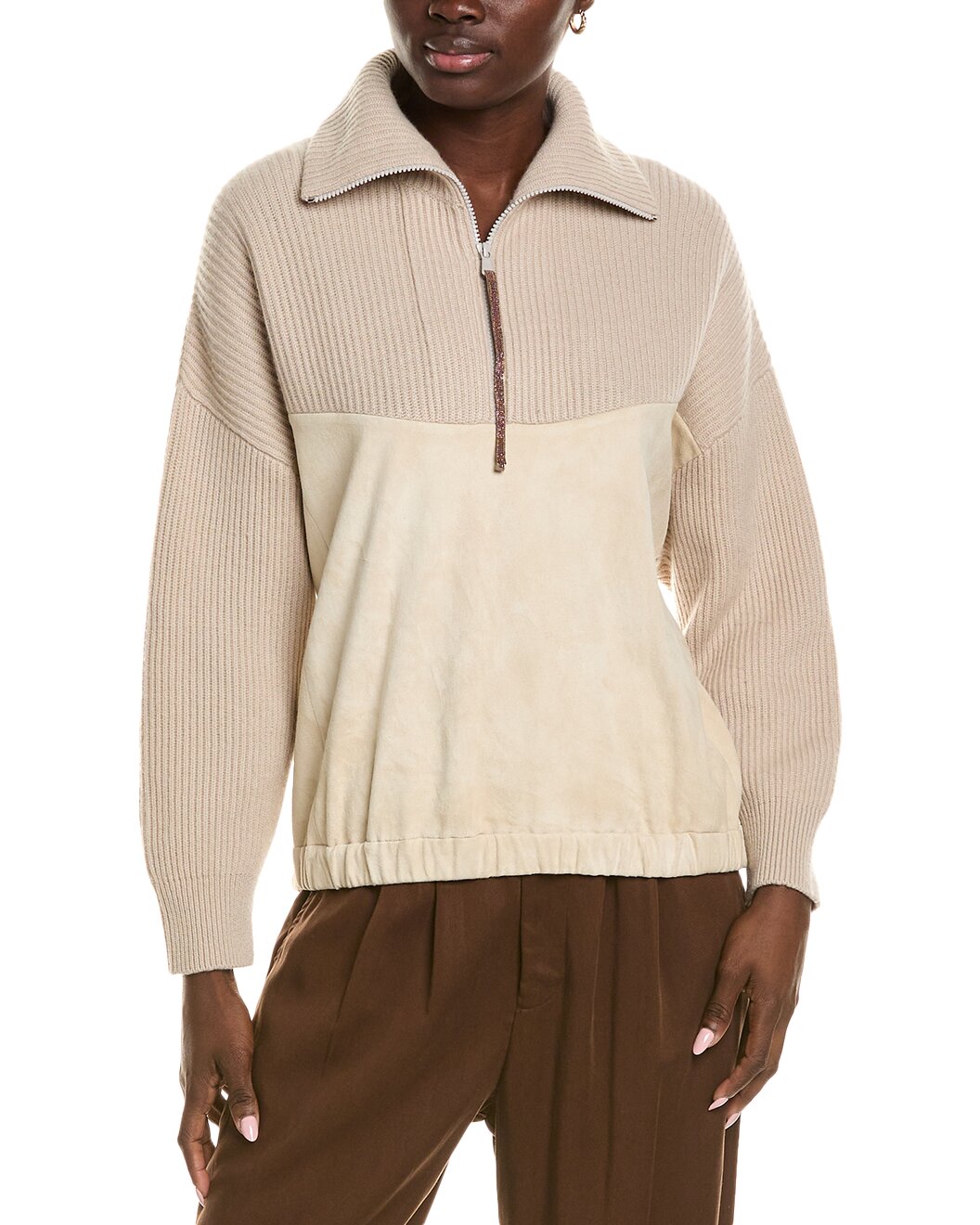 BRUNELLO CUCINELLI WOMEN'S BEIGE HALF ZIP RIB KNIT SWEATER