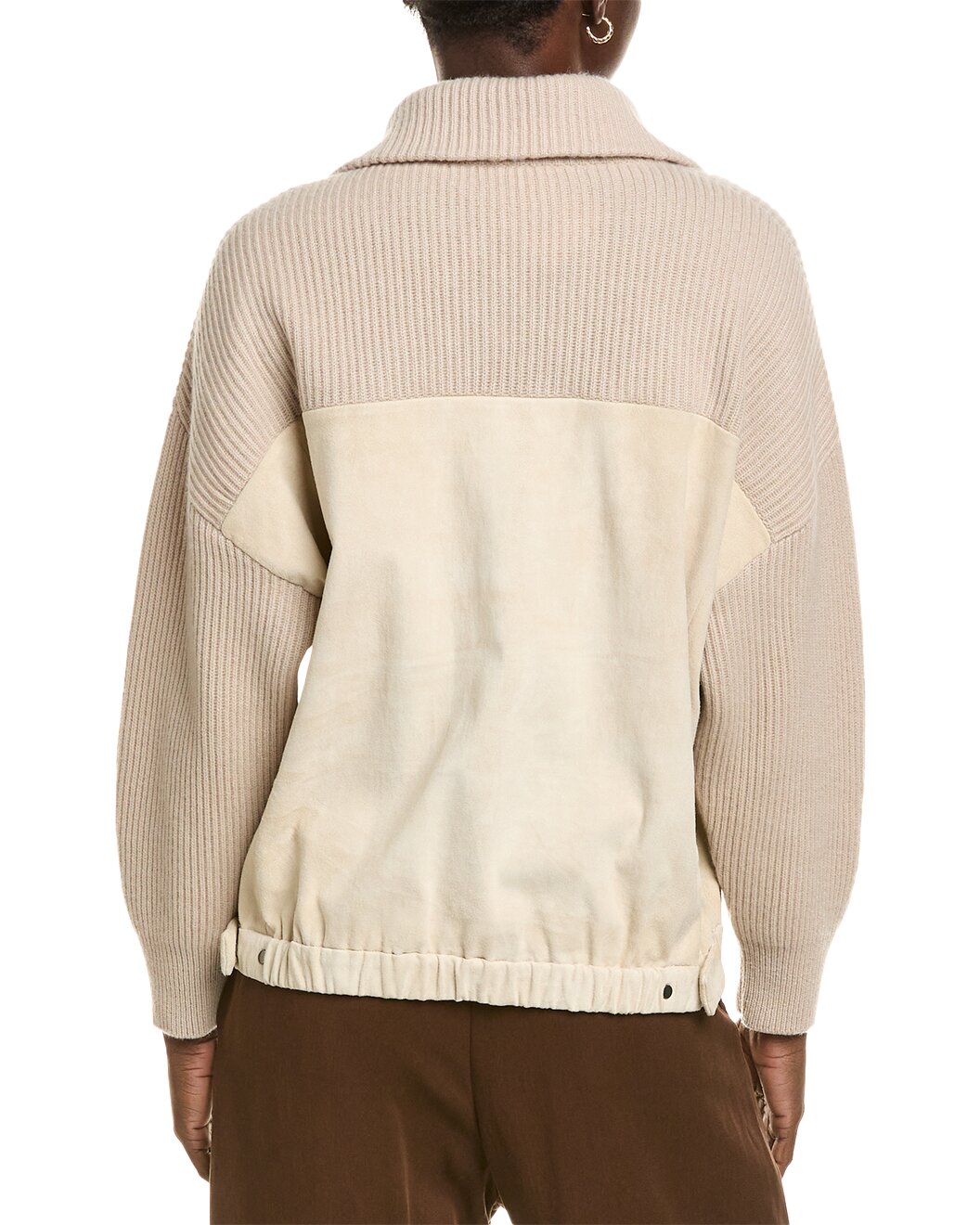 BRUNELLO CUCINELLI WOMEN'S BEIGE HALF ZIP RIB KNIT SWEATER