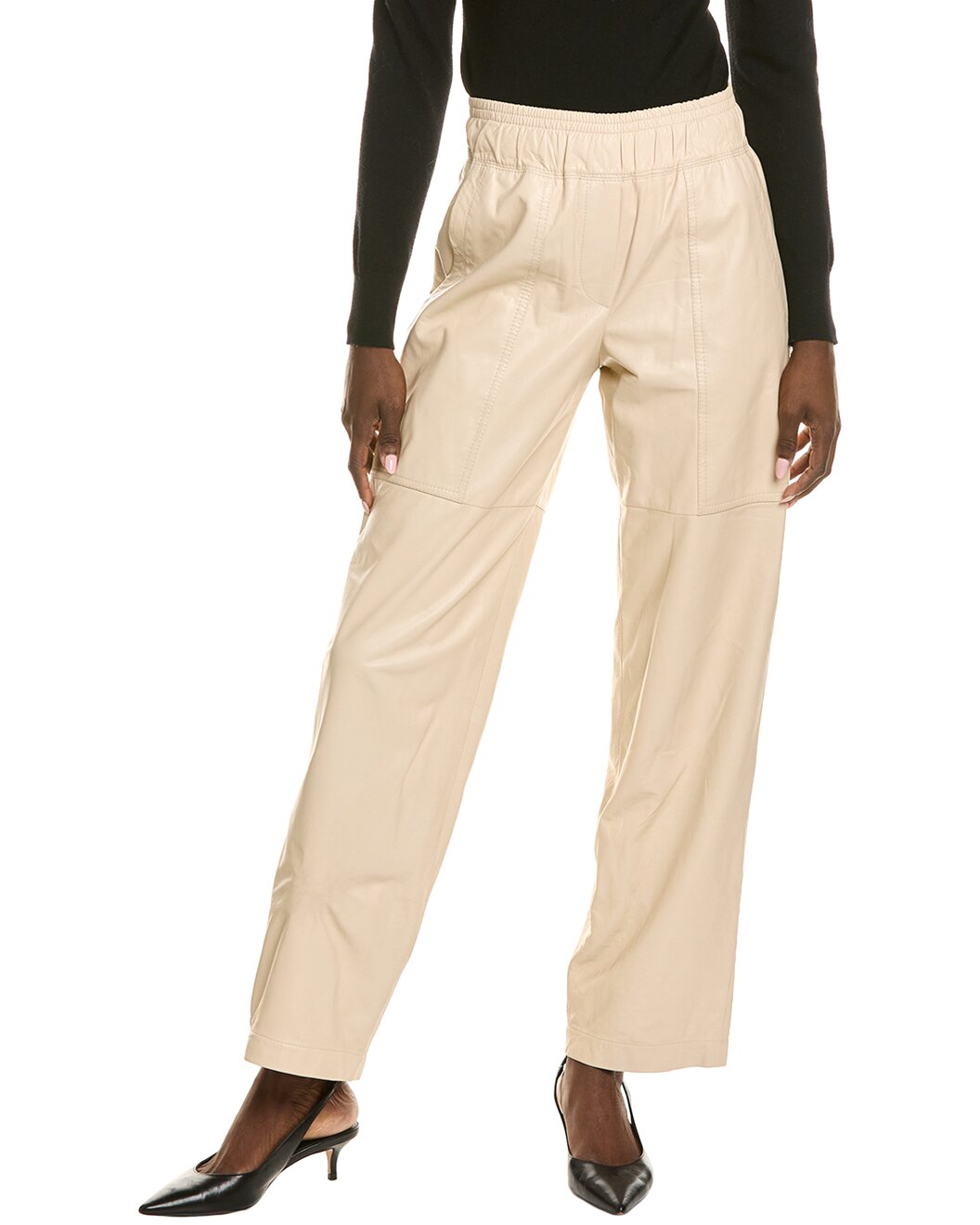 BRUNELLO CUCINELLI WOMEN'S BEIGE WIDE-LEG LEATHER TROUSERS