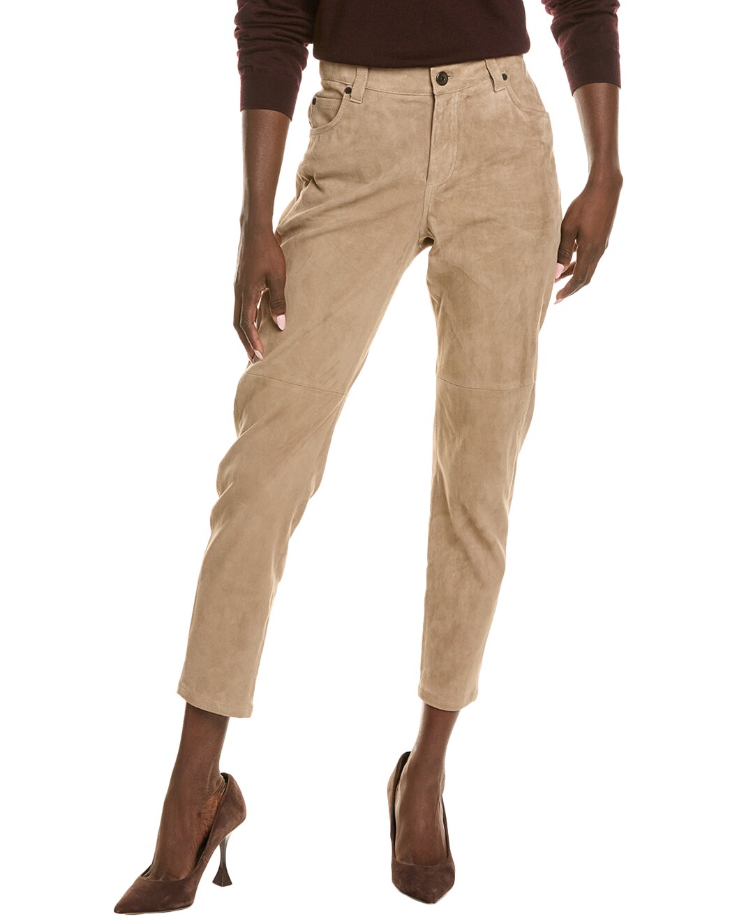 BRUNELLO CUCINELLI WOMEN'S ALMOND LEATHER CROPPED PANTS