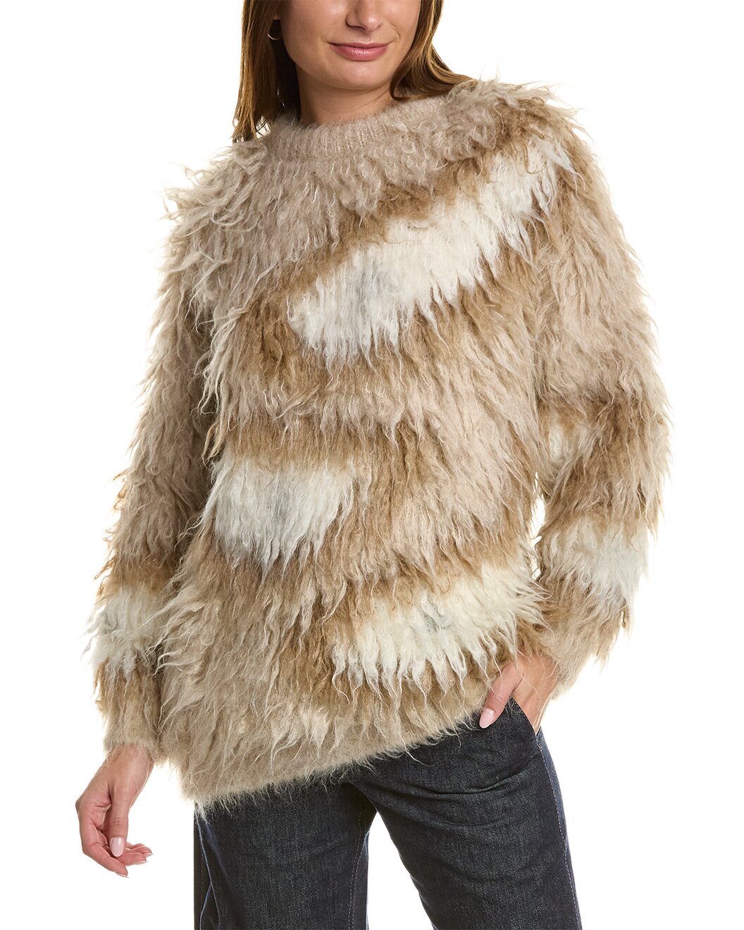 BRUNELLO CUCINELLI WOMEN'S BEIGE WOOL SHAGGY SWEATER
