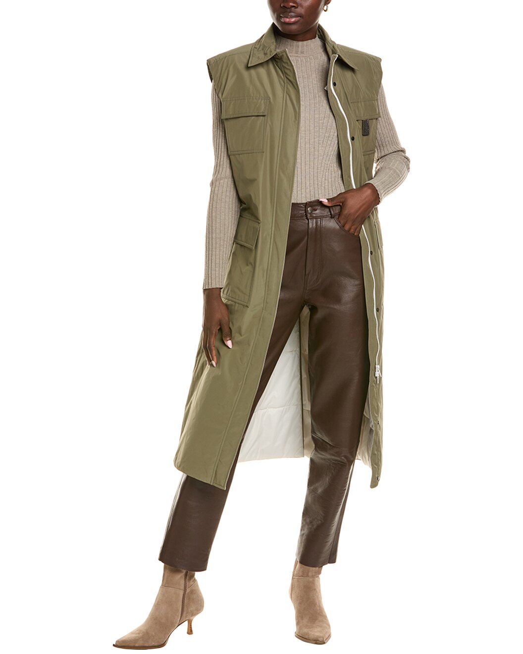 BRUNELLO CUCINELLI WOMEN'S OLIVE SLEEVELESS LONG JACKET