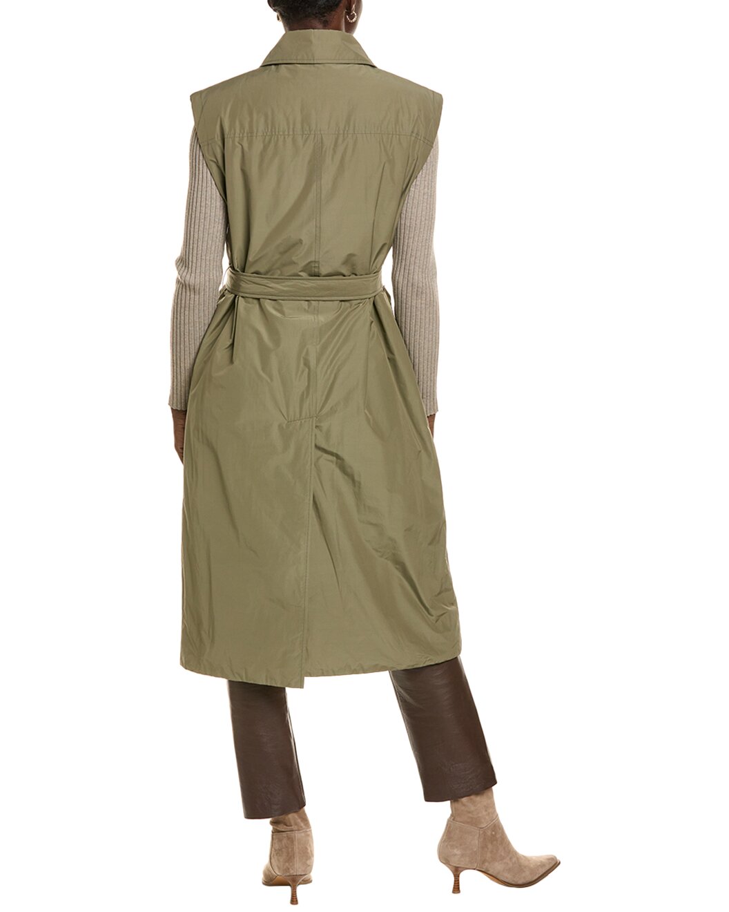 BRUNELLO CUCINELLI WOMEN'S OLIVE SLEEVELESS LONG JACKET
