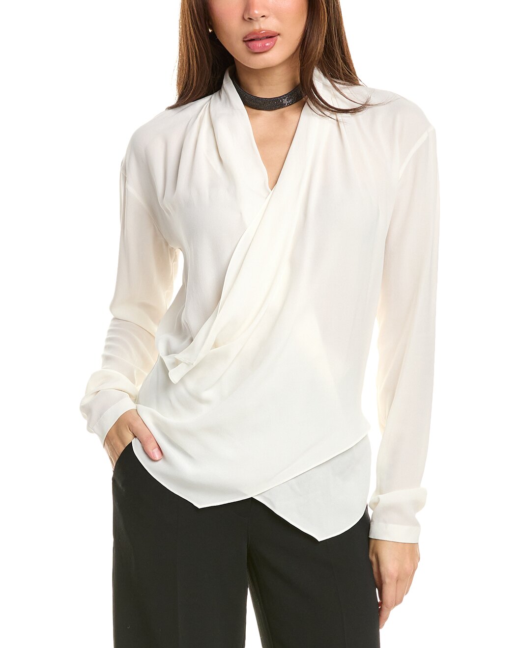 BRUNELLO CUCINELLI WOMEN'S CREAM DRAPED LONG SLEEVE BLOUSE