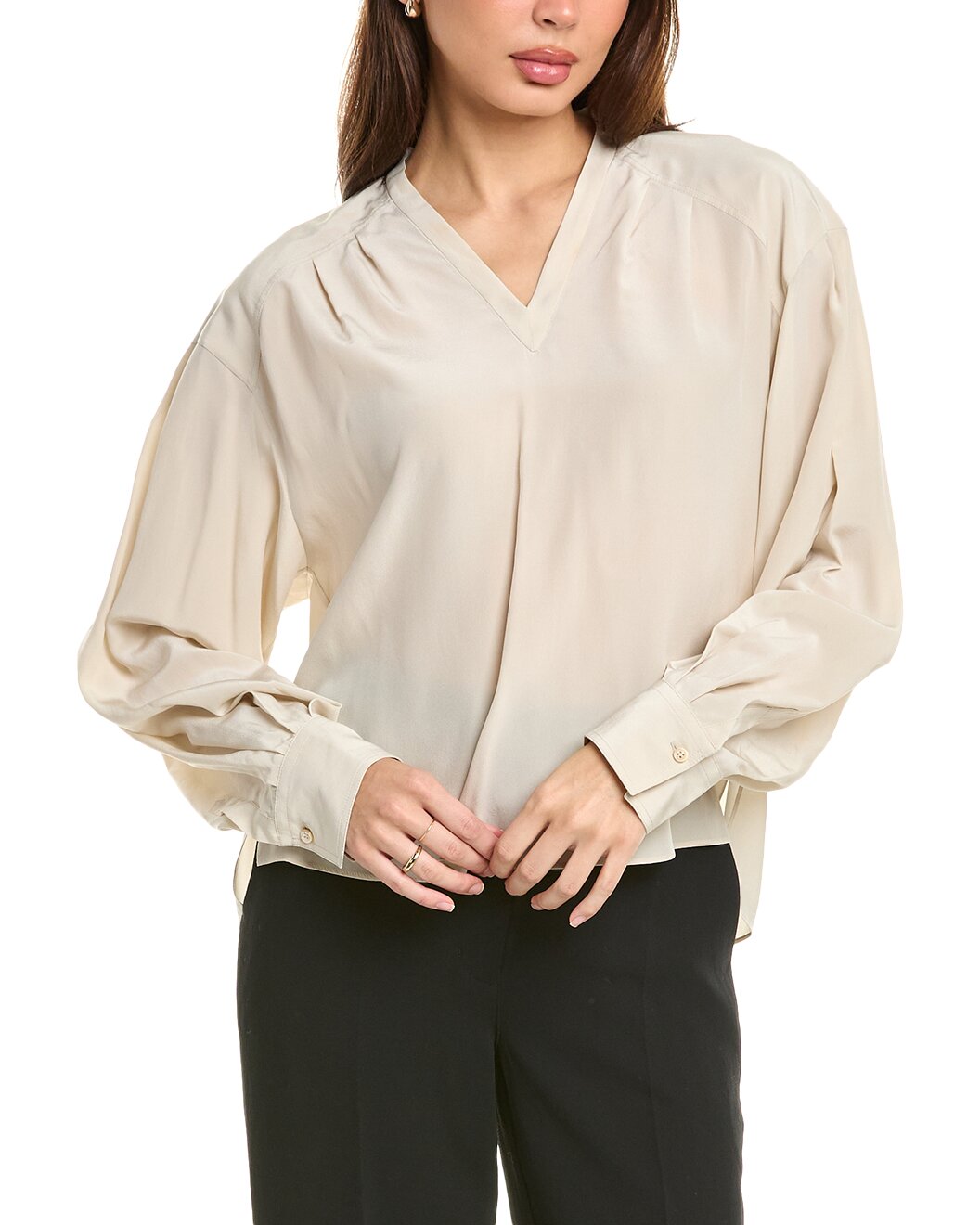 BRUNELLO CUCINELLI WOMEN'S SAND SILK BLOUSE WITH V-NECK
