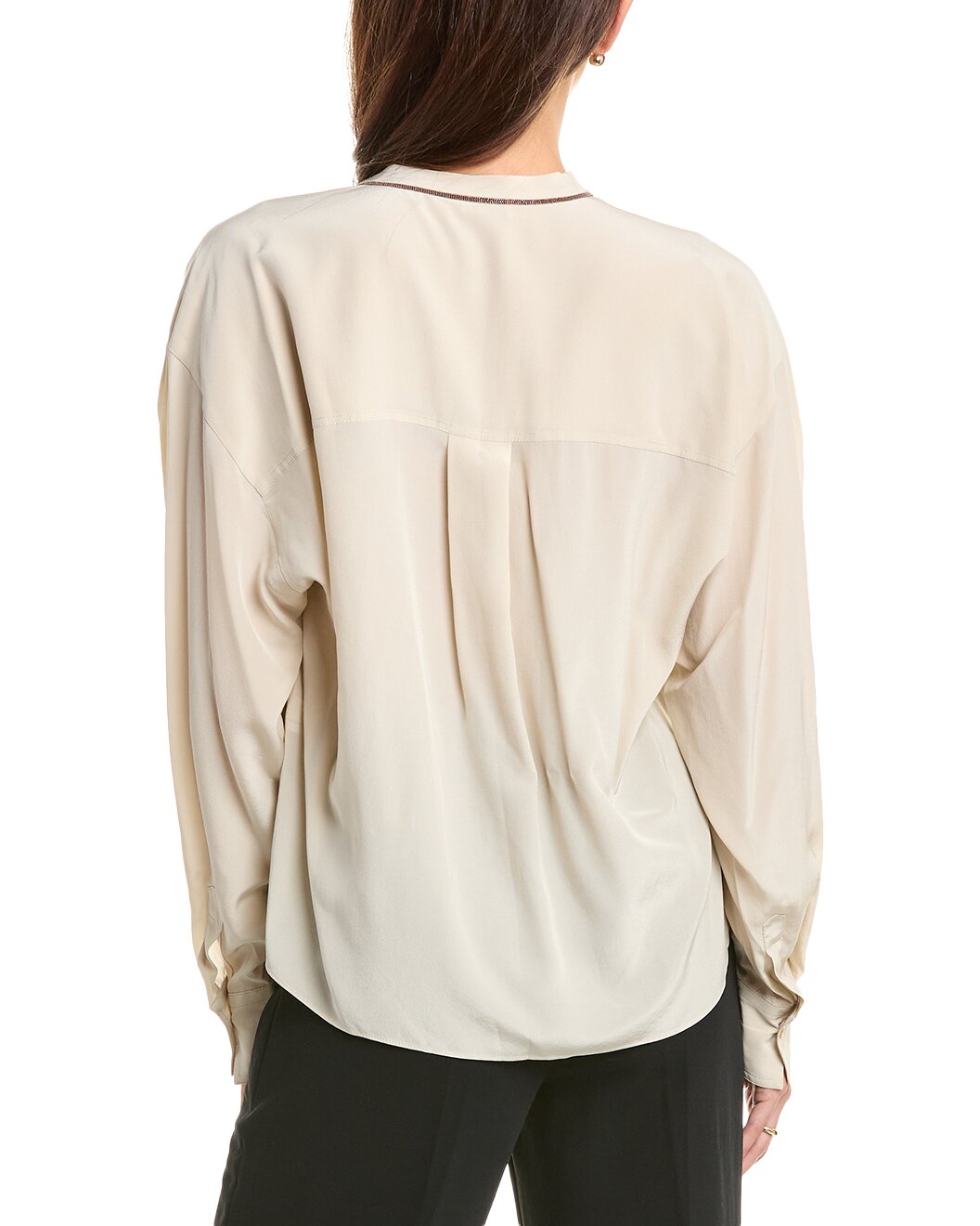 BRUNELLO CUCINELLI WOMEN'S SAND SILK BLOUSE WITH V-NECK