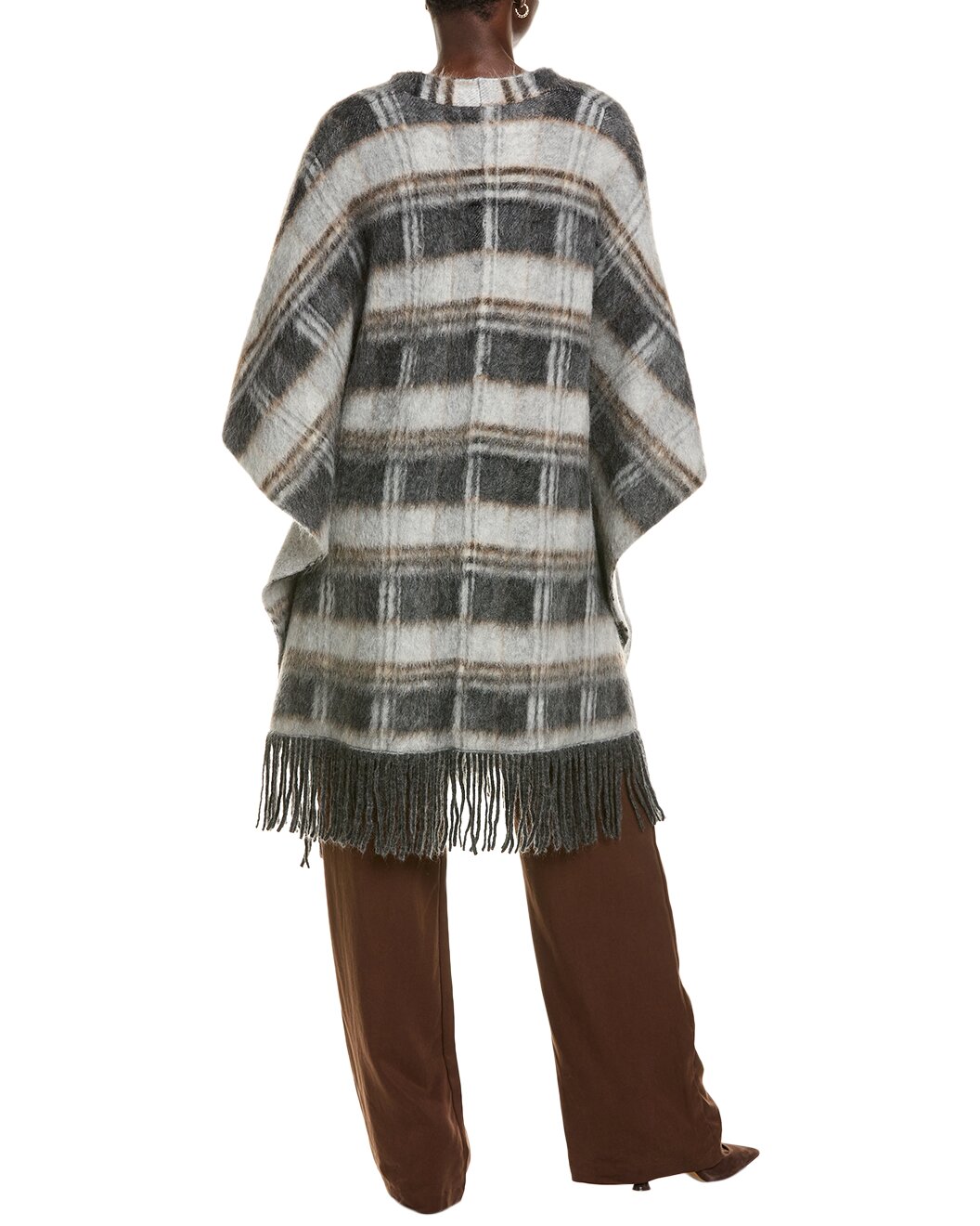 BRUNELLO CUCINELLI WOMEN'S PLAID FRINGED PONCHO SHAWL